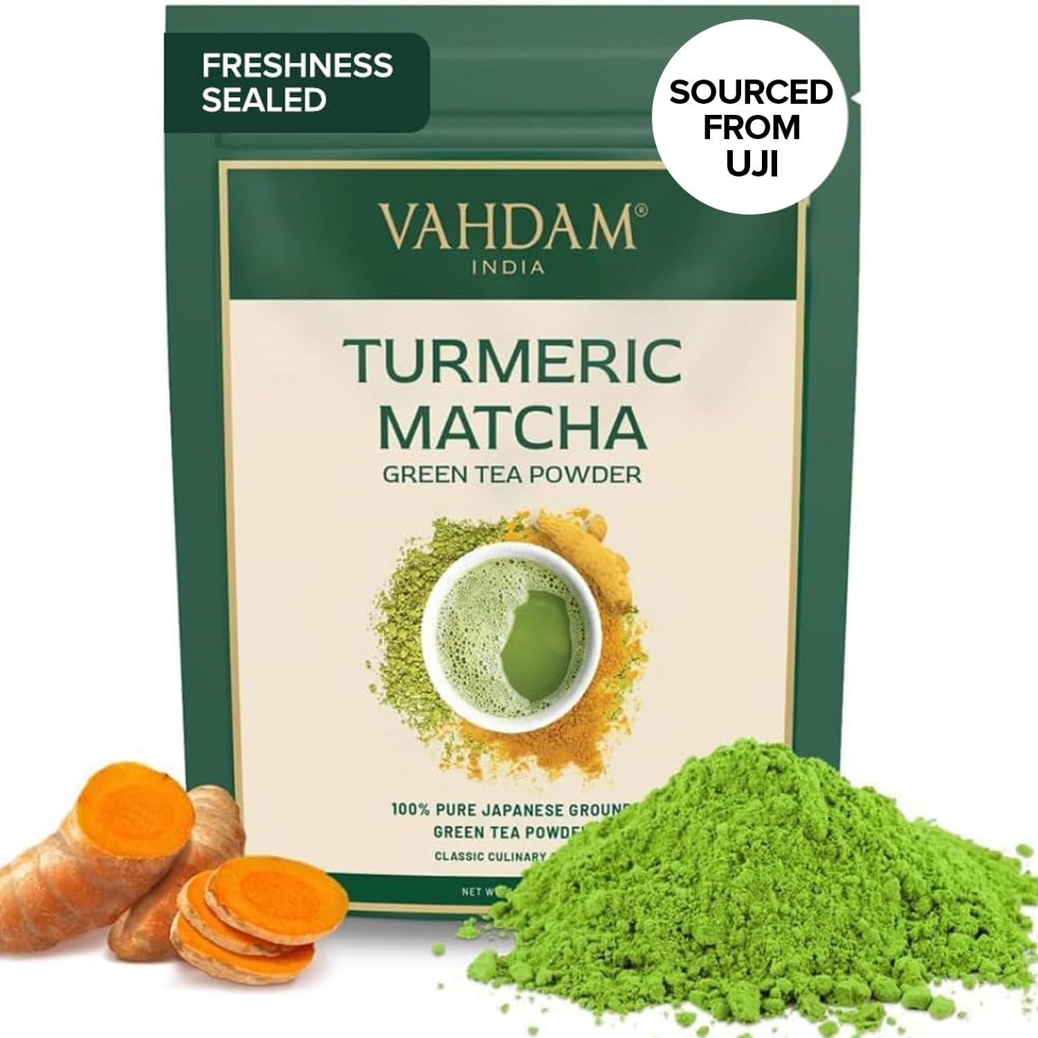 VAHDAM,Turmeric Matcha Green Tea Powder (25 Cups/1.76oz) With Curcumin - Pure Japanese Matcha Powder With Indian Turmeric Powder | Delicious Matcha Latte