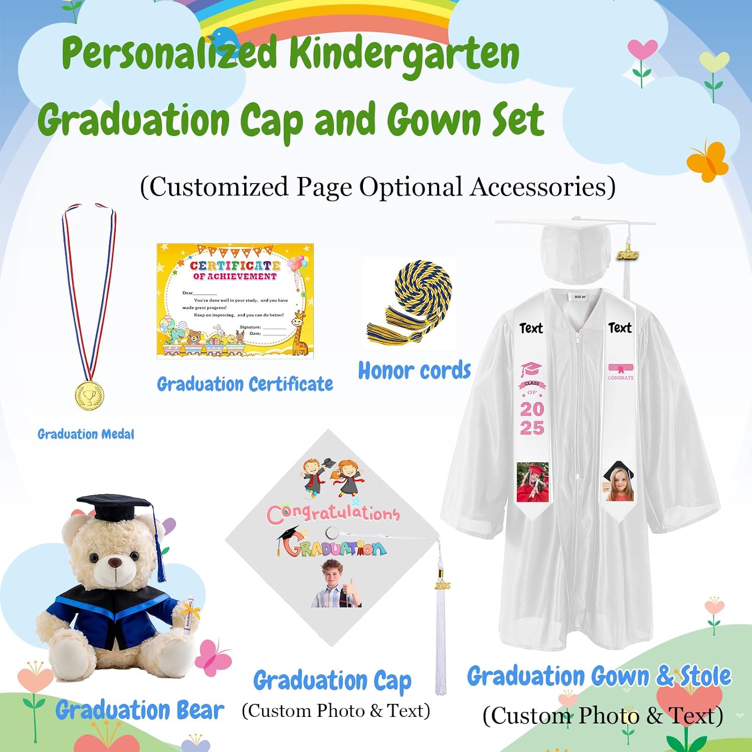Custom Kindergarten Graduation Cap and Gown, Personalized Prek Graduation Cap and Gown with Grad Stole for Kids