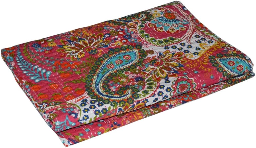 Purple Ethnic Kantha Paisley Print Quilt, Handmade Kantha Decorative Bed-Cover, Queen Size Traditional Kantha Blanket, Queen, 90x108 Inch
