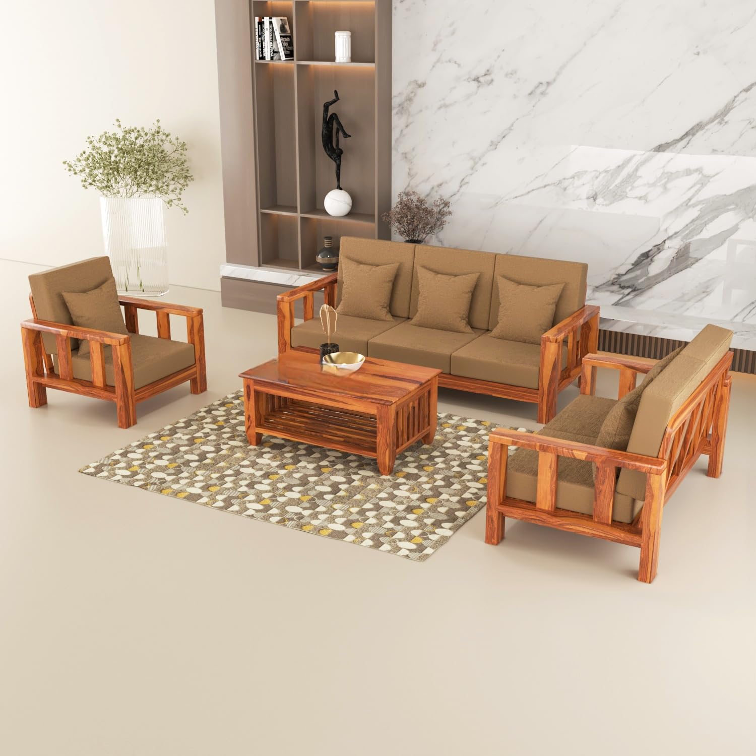 Sheesham Wood 6 Seater Sofa Set Furniture for Living Room | Solid Wood Wooden Sofa Set with Center Table | Honey Finish Frame with Brown Cushions | 3+2+1 Seater-image-14
