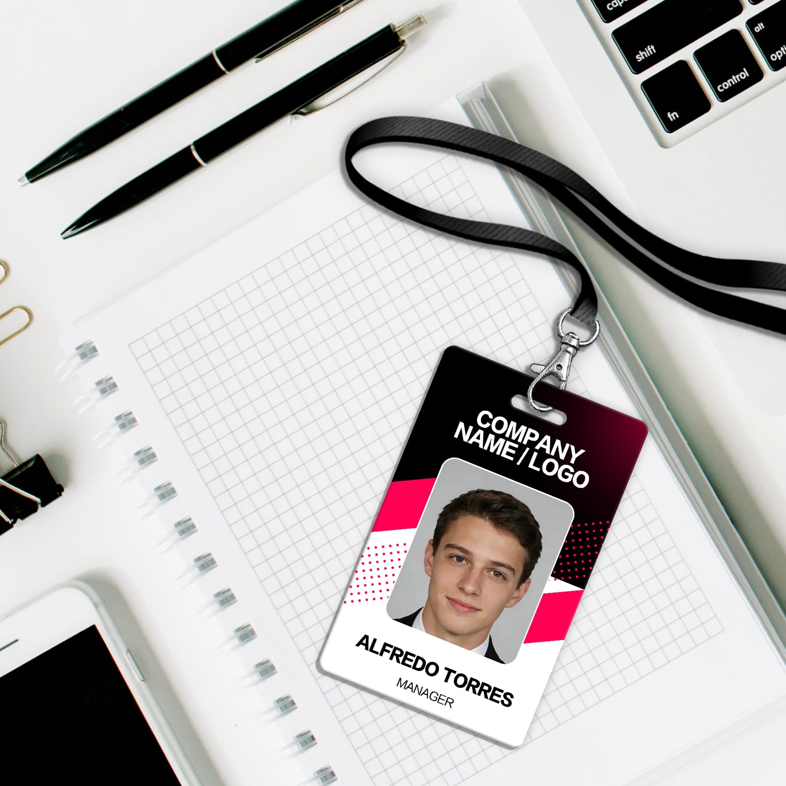 Badge identificativo personalizzato con cordino, stampa fronte/retro, per lavoro ufficio studente