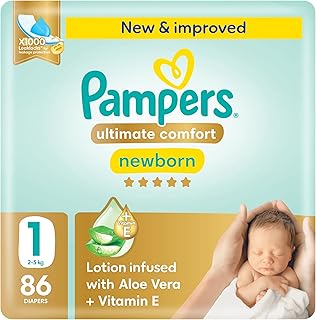 Pampers Ultimate Comfort Taped Diapers, Size 1, 2-5kg, Lotion infused with Aloe Vera and Vitamin E, x1000 Leak Locks Technology for Leakage Protection, Mega Pack, 86 Count