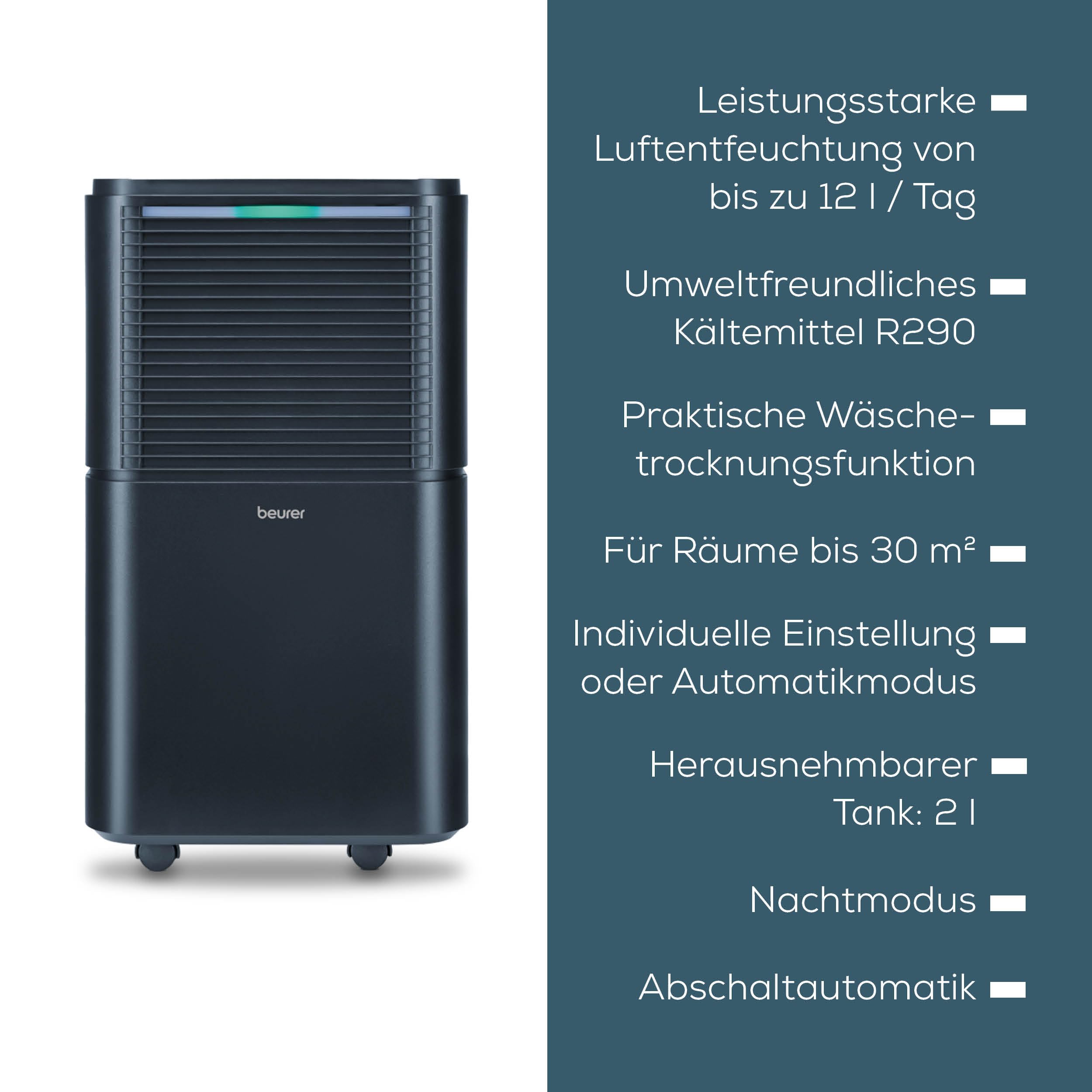Beurer LE 250 elektryczny osuszacz powietrza, 20 l/24 h, z trybem automatycznym, idealny do długotrwałego osuszania, wyjątkowo cichy w trybie nocnym, przeciw pleśni i zapachom, zbiornik na wodę 4 l