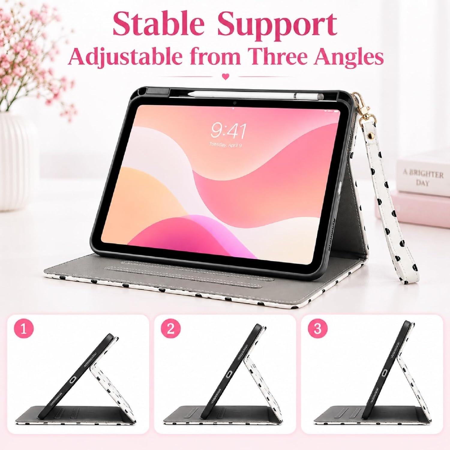 Case for iPad Pro 9.7 Inch 2016, iPad 6th/5th Gen 9.7 2018/2017 & iPad Air 2 – Folio Cover with Pencil Holder, Wrist Strap & Auto Sleep/Wake | Cute Tablet Case for Women (White Polka Dot) image 3