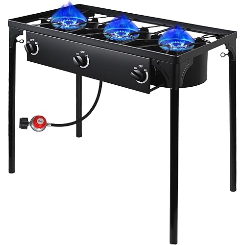 3 Burner Pranpane Stove for Outdoor Cooking Propane Burner 225,000 BTU Gas Cooker High Pressure Camping Stove with Removable Legs and 20 PSI Regulator for Backyard, Boiling and Frying