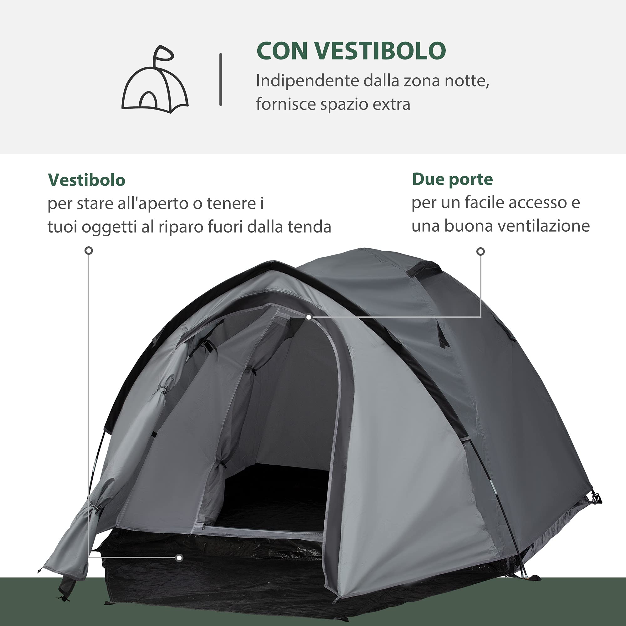 Outsunny Tenda da Campeggio 2 Posti Impermeabile con Vestibolo, Finestre e Porte con Cerniera, 325x183x130cm Grigio