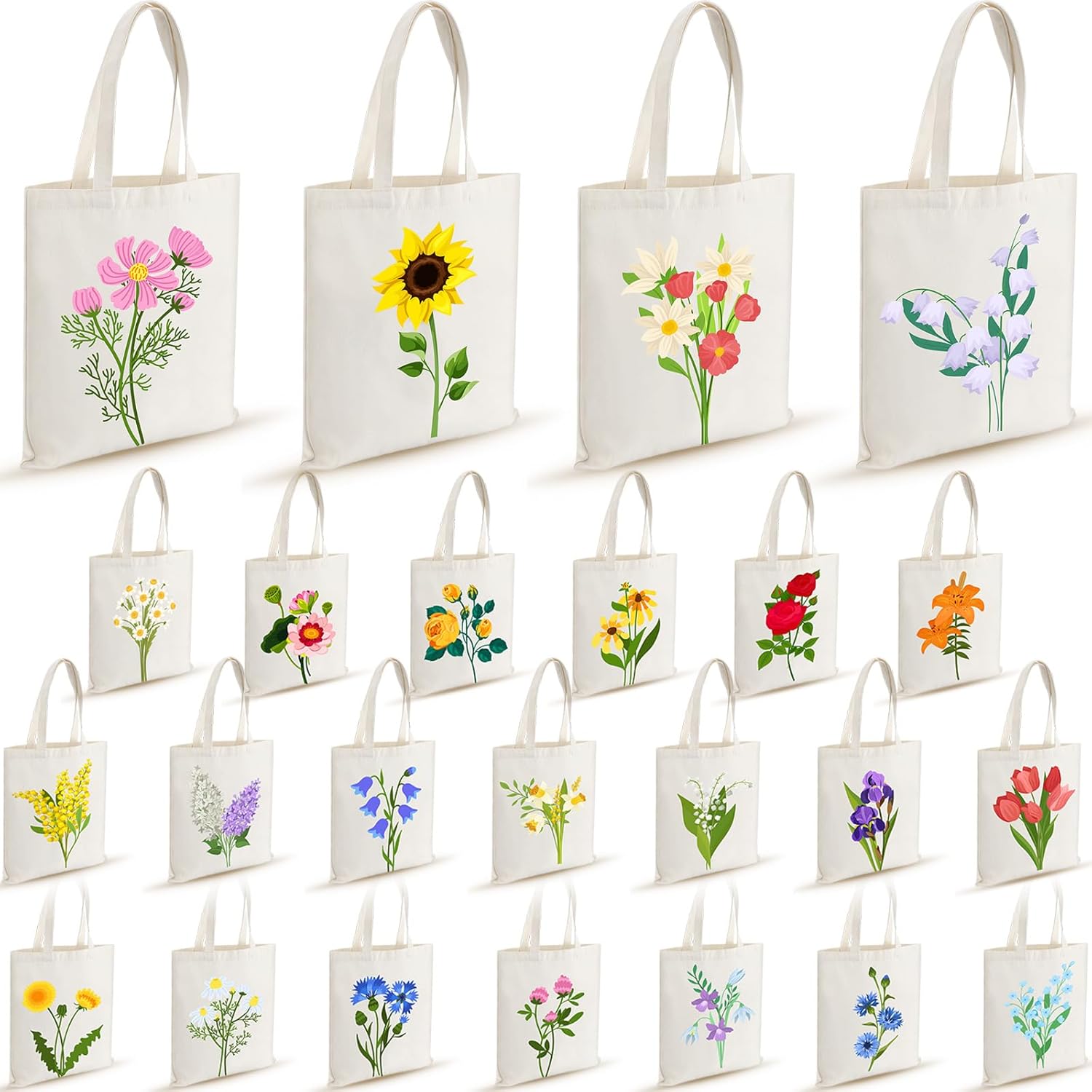 Shinylin 24 Pcs Floral Canvas Tote Bags Bulk Reusable Flower Tote Bags Book Club Gift Totes for Birthday Teacher Mother Women Gift (24 Vivid Flowers)