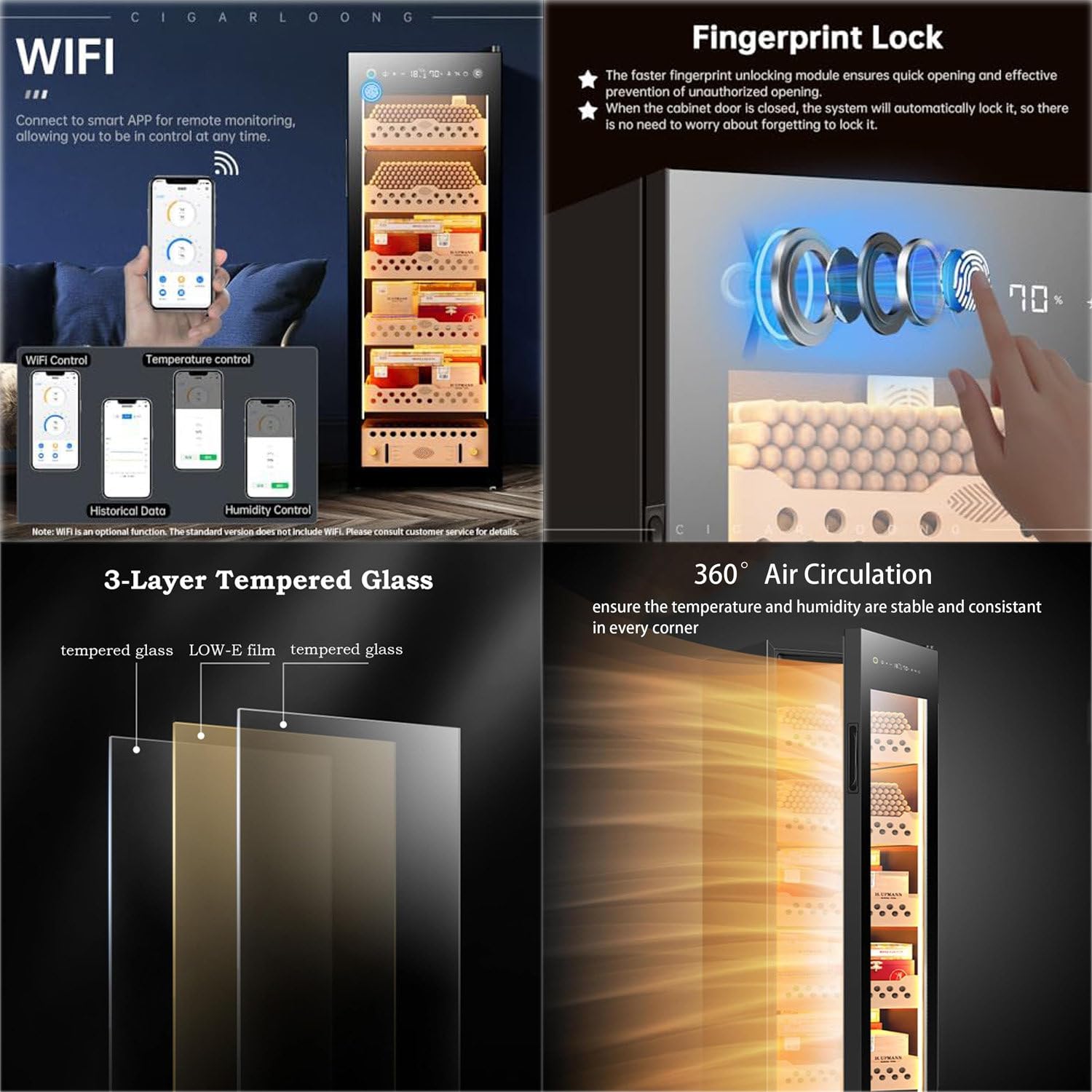 Intelligenter elektrischer Zigarrenhumidor, Zigarrenschrank mit konstanter Temperatur und Luftfeuchtigkeit, Zigarrenhumidor mit App-Steuerung, Zigarrenkühler-Humidor,Humidorschrank aus Zedernholz 60C