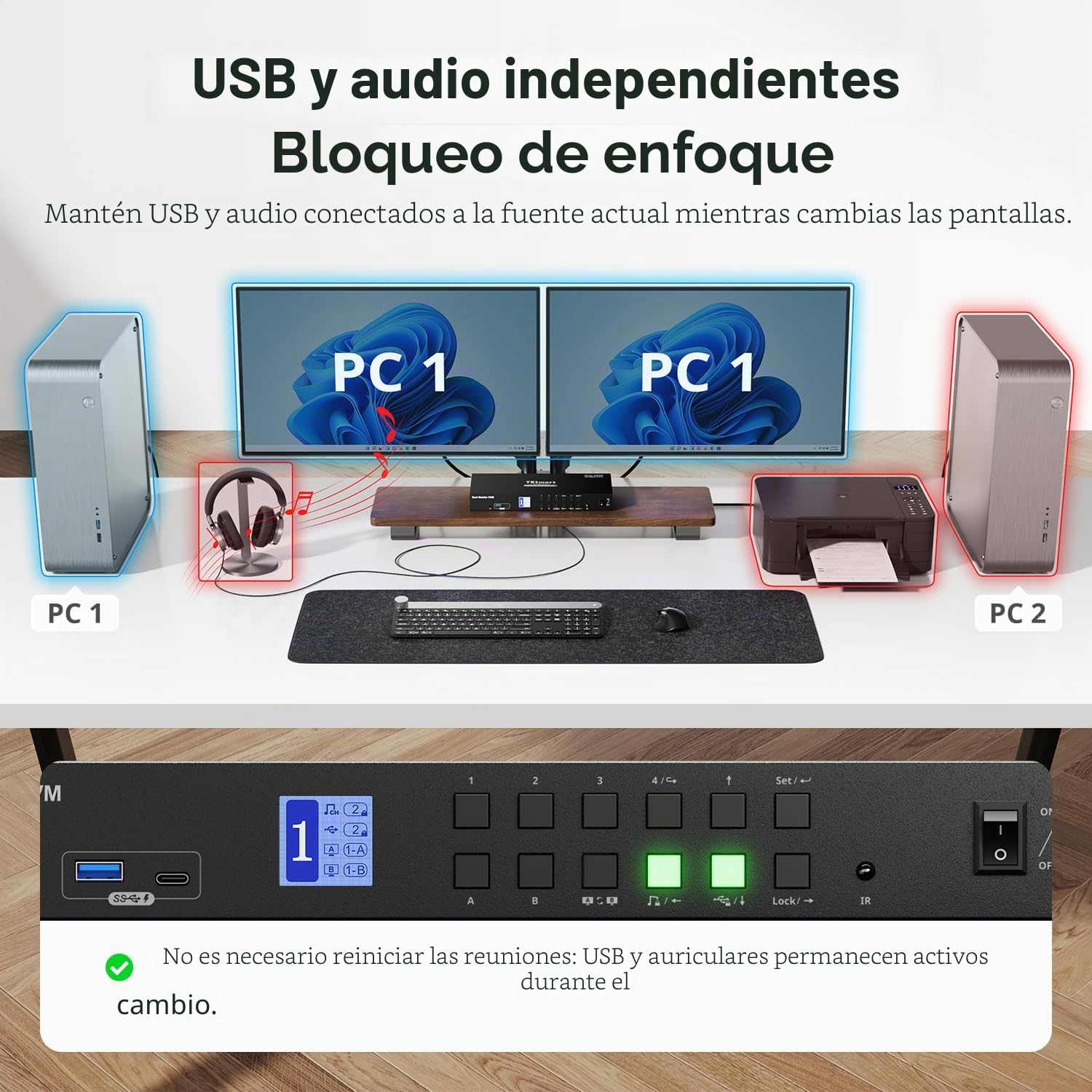 TESmart Conmutador KVM HDMI 2.0 para 4 PC y 2 Monitores,KVM Switch 4K a 60 Hz,Bloquear Audio/Micrófono USB 3.0 (BC 1.2 7,5 W), 4 Entradas y 2 Salidas,EDID, Teclado hotkey/Ratón/Botones/IR,PC Cables