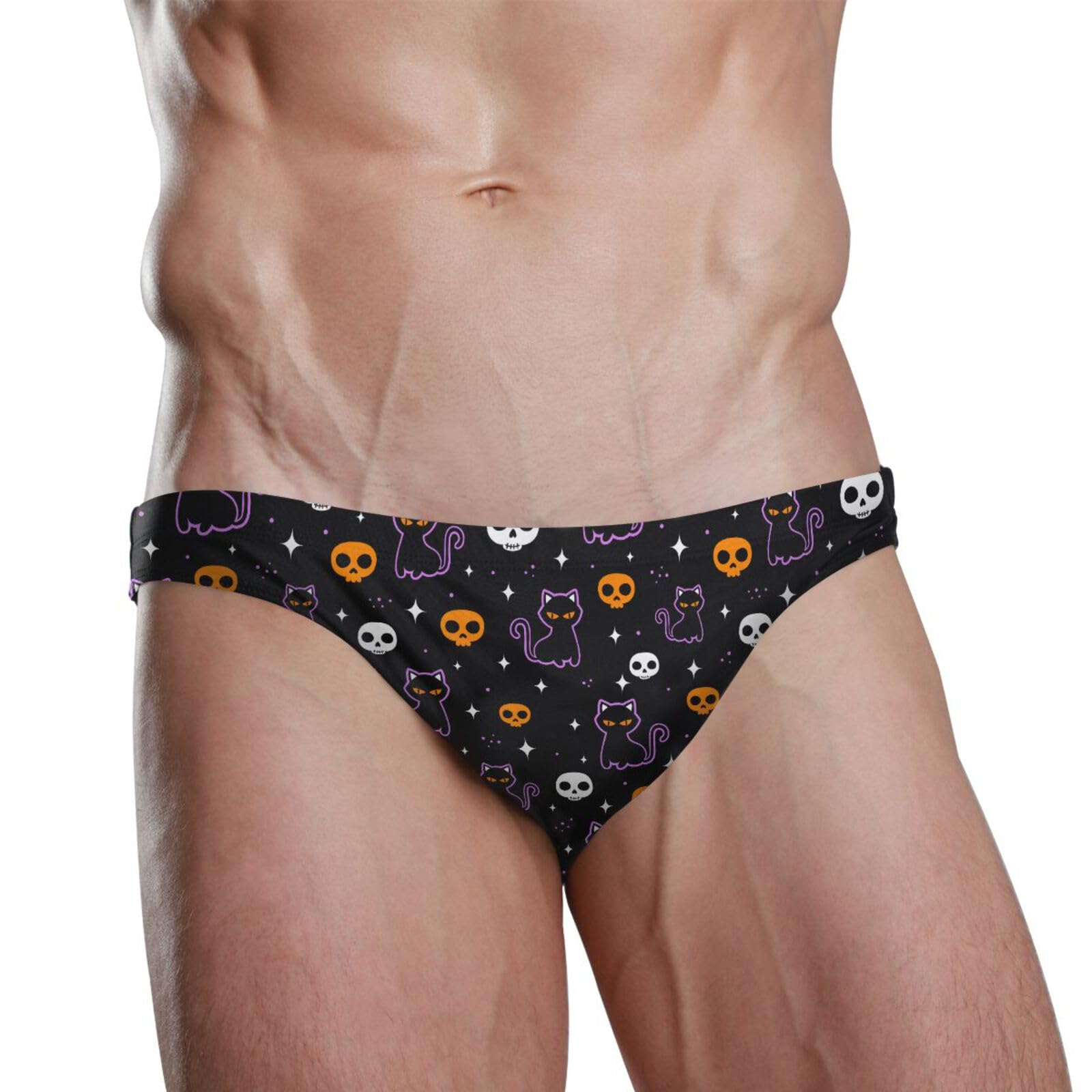 JHKKU Men's Sexy Swim Briefs Halloween Skulls Black Cat Swimsuit Beach Swimwear Bikini Sport with Drawstring M