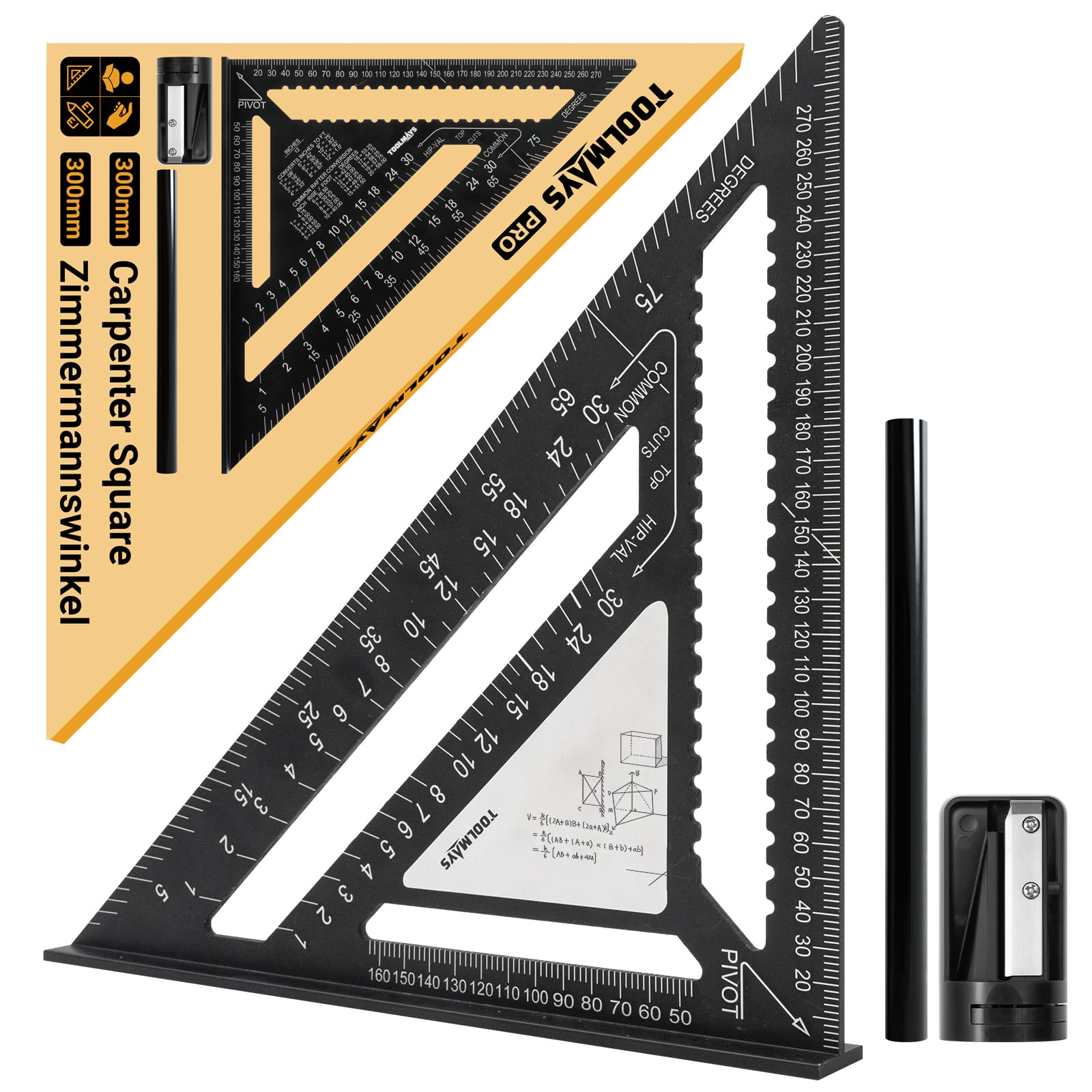 TOOLMAYS 300mm/12 Inch Carpenters Square, Rafter Square Metric With Wipeable Note Surface, Thickened Aluminum Alloy Triangle Ruler Protractor - Carpenter's Pencil＆ Pencil Sharpener