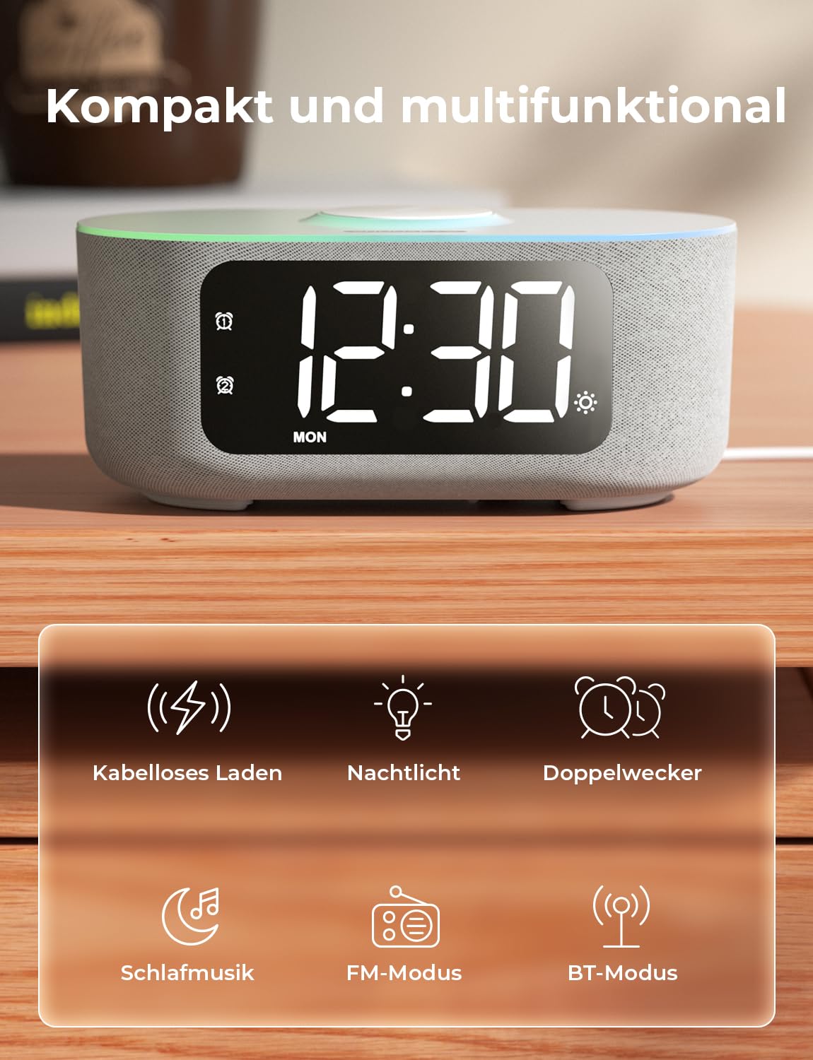 LIORQUE Digitaler Radiowecker mit Kabelloser Ladestation, Bluetooth Wecker mit Licht, 15W Fast Wireless Charger Qi, LED Display mit Auto Dimmer, 2 Wecker, Wochenendmodus, Schlafmusik