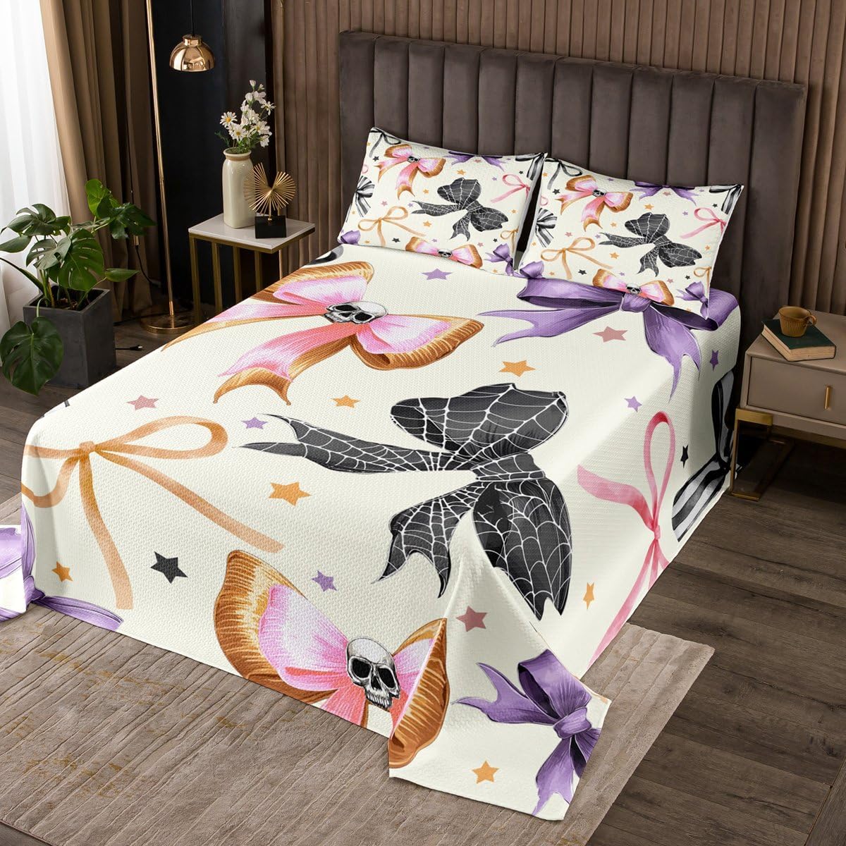 Erosebridal Bowknot Skeleton Halloween Decor Gothic Quilt Set Halloween Bow Spider Web Queen Bedspread Set - Horror Cobwebs Coverlet Sets Spooky Bones Sugar Skull Quilted,Beige