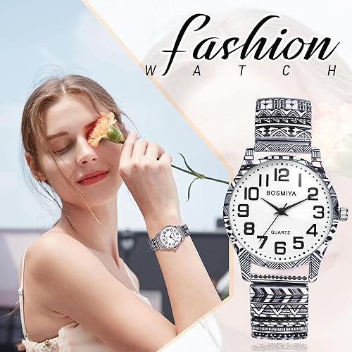 Miniatura 7 de JewelryWe Relojes de banda elástica para mujer reloj de pulsera analógico de cuarzo analógico de fácil lectura, banda de expansión floral casual