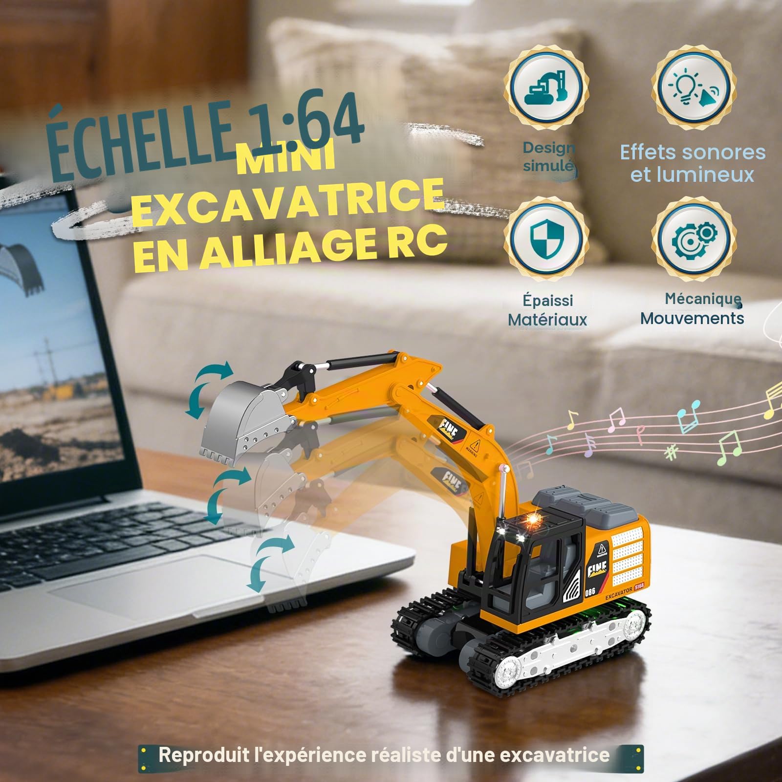 YESHIN Pelleteuse Télécommandée, Jouet Pelleteuse RC 2,4 GHz avec Lumières et Sons, Mini Voiture Télécommandée en Alliage avec Vitesse Réglable, à Partir de 6 Ans