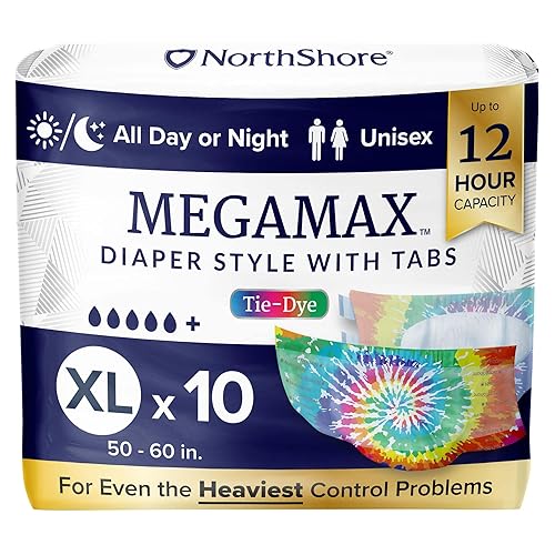 NorthShore MegaMax Adult Overnight Diapers, 12-Hour Tab-Style, X-Large, 10 Count Bag, Tie-Dye, 50-60 inches, Unisex Incontinence Underwear - Tie-dye - X-Large (10 Count)