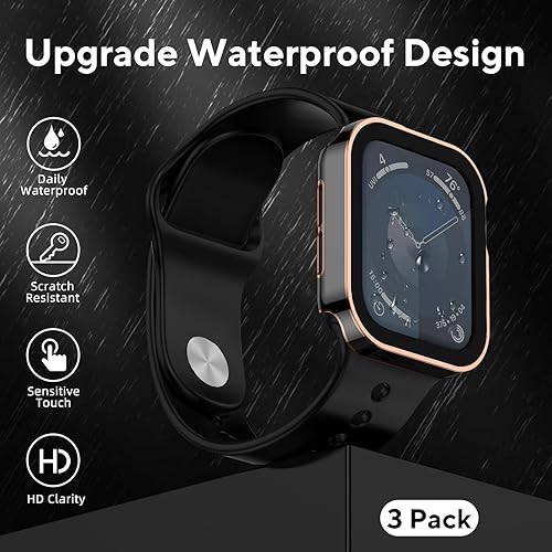 Miniatura 2 de Paquete de 3 fundas impermeables para Apple Watch Series 6, 5, 4, SE de 1.732 pulgadas, cubierta dura de policarbonato con borde recto con protector