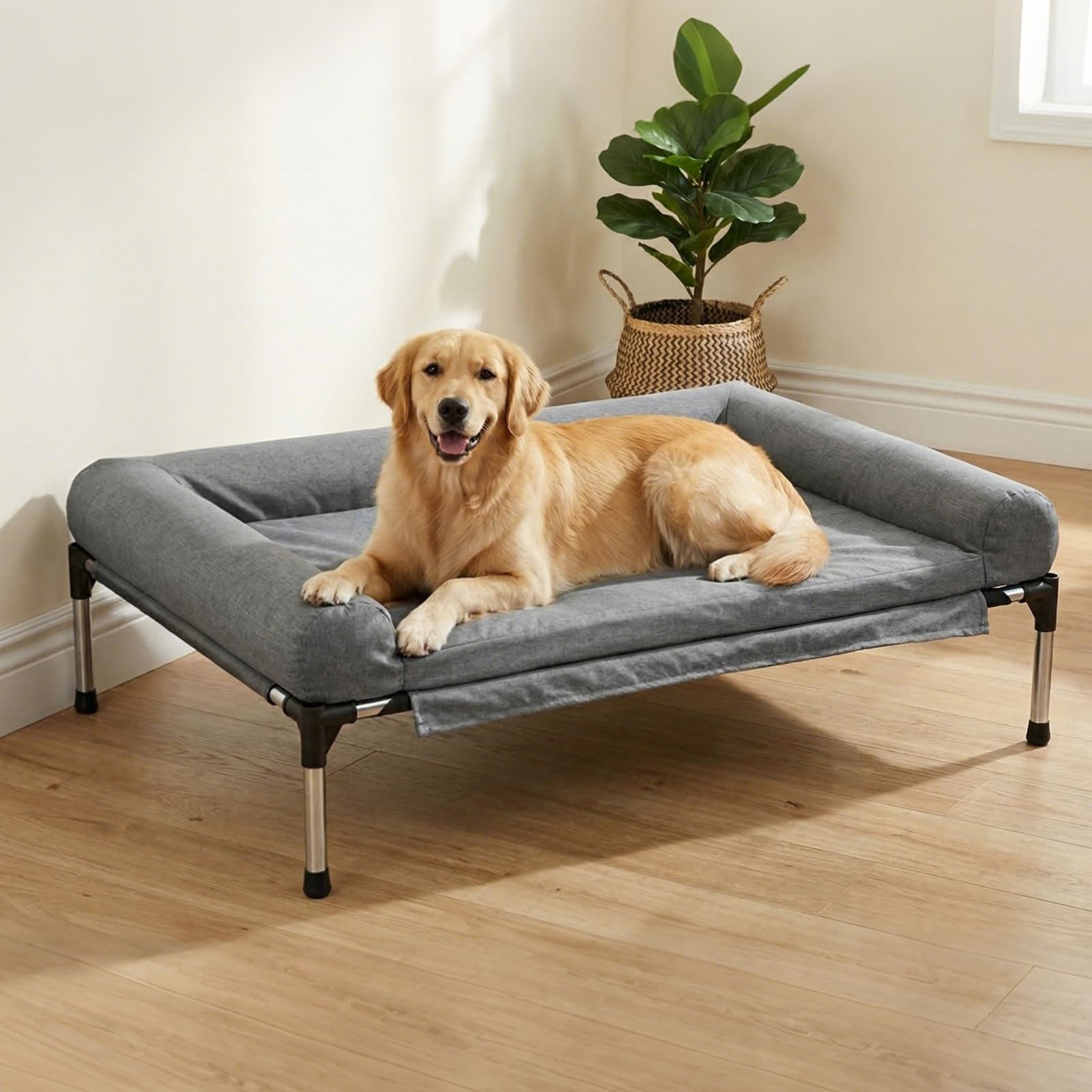INRLKIT Elevated Dog Bed with Waterproof Removable Pillow-Top Mat for Small-Large Dogs, Bolster Raised Pet Cot Bed with Breathable Mesh, Dog Couch for Indoor & Outdoor, 110x78cm
