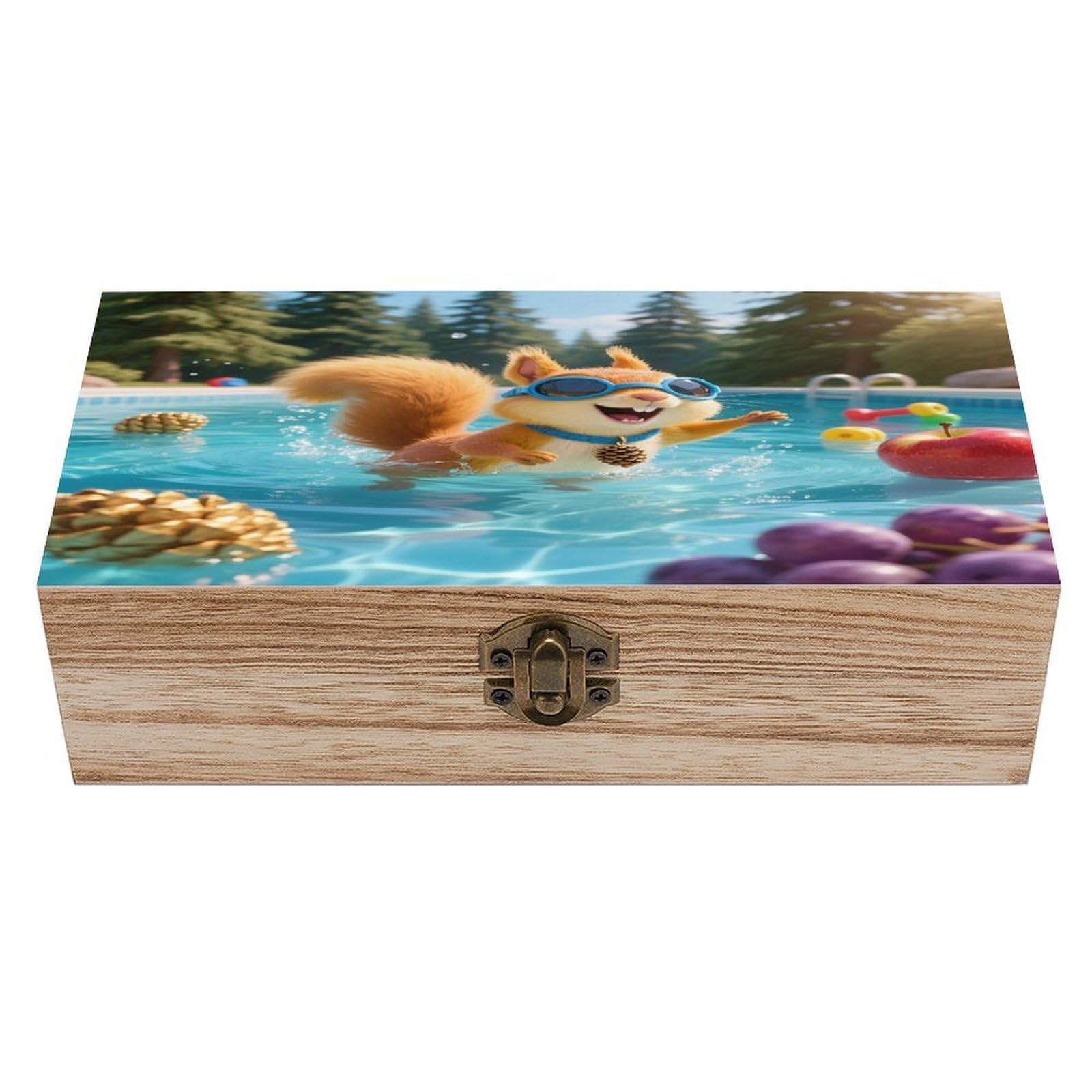 VstaDank Squirrel Pool Joy Wooden Storage Box Vintage Style Wooden Storage Case with A Hinged Lid Memory Treasure Boxes Decorative Jewelny Photos for Organizer 7.9 * 3.7 * 2.3 Inch