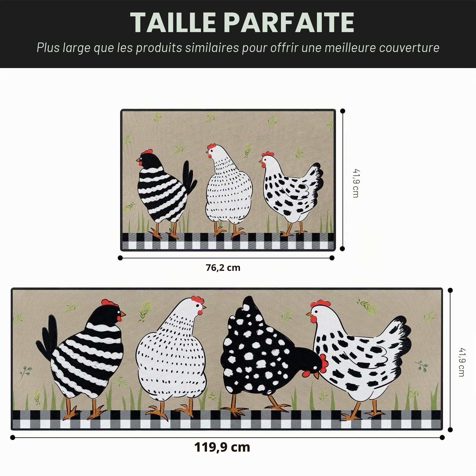 Lot de 2 tapis de cuisine antidérapants lavables motif coq 39,9x59,7 cm et 39,9x119,6 cm noir et blanc