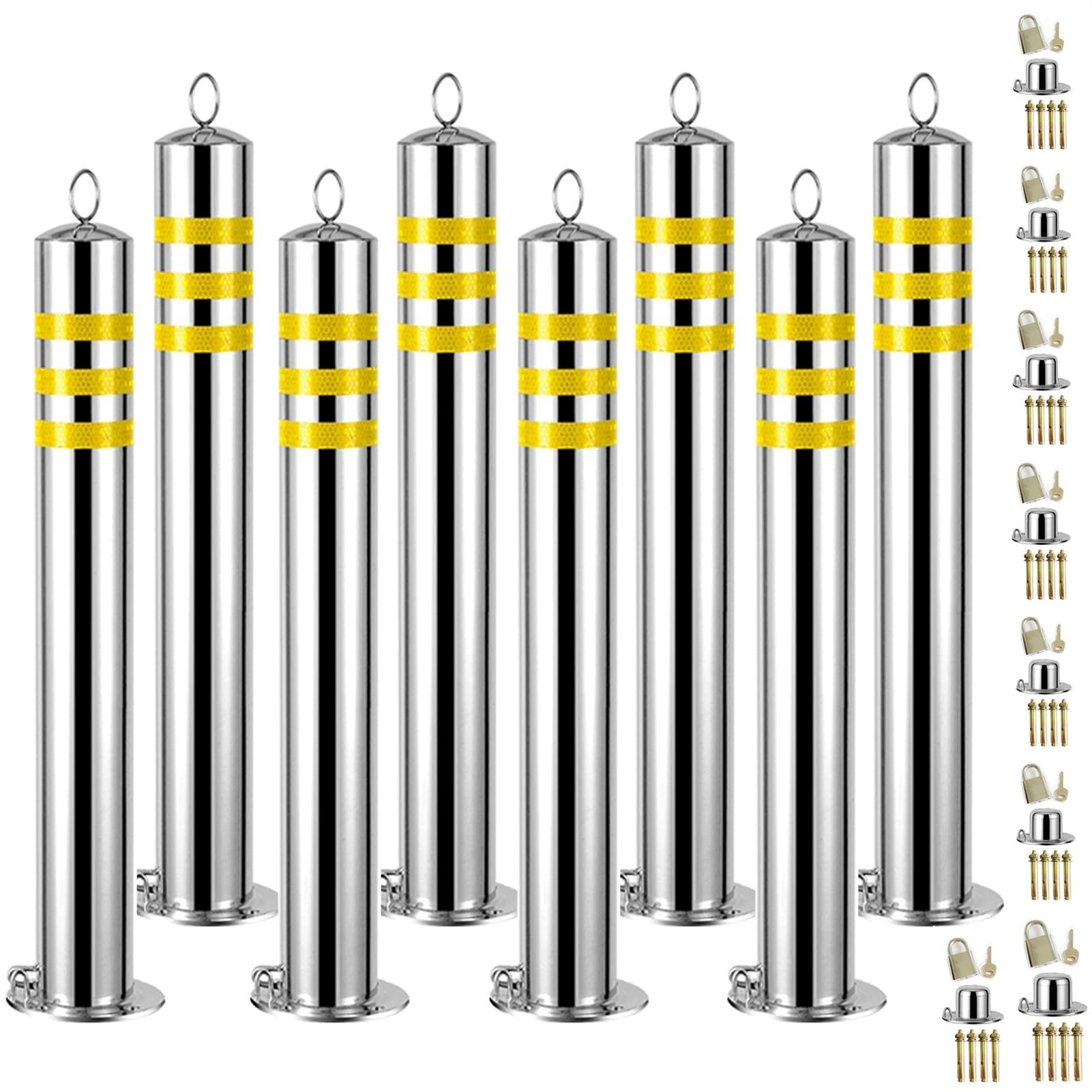 GTHTUHFD Safety Bollard Removable Locking, Stainless Steel Delineator Post, Bollard Parking With Reflective Strips, Traffic Indicator Bollards, For Road Construction Work,1Pc,8pcs-80cm/31.5in