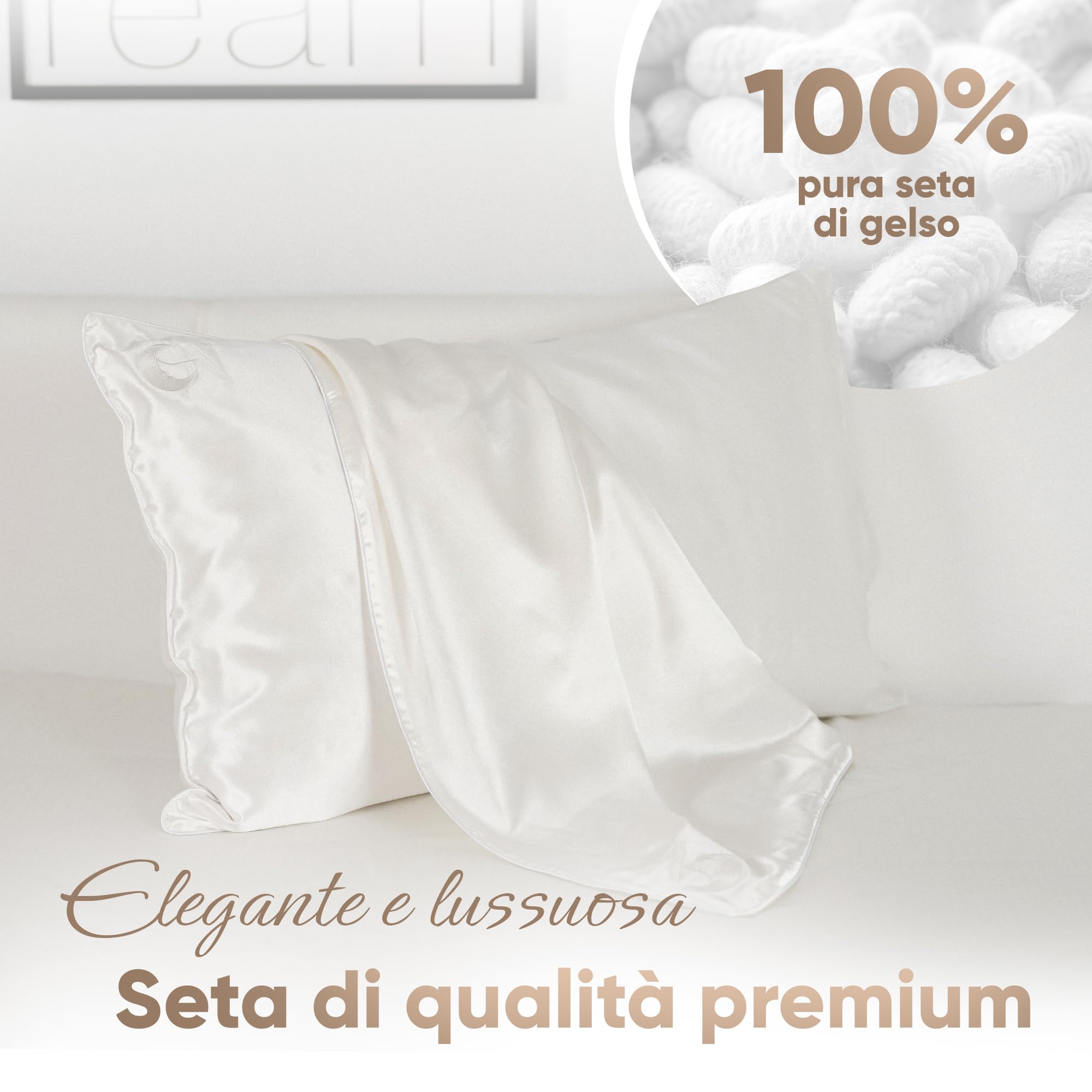 Federa Seta Cuscino 50x80 Certificata da Dermatologi per Pelle e Capelli | Federa in seta per capelli | Massima qualitá 6A, 22 momme | Silk pillowcase (Bianco Avorio - Bordino Bianco Avorio)