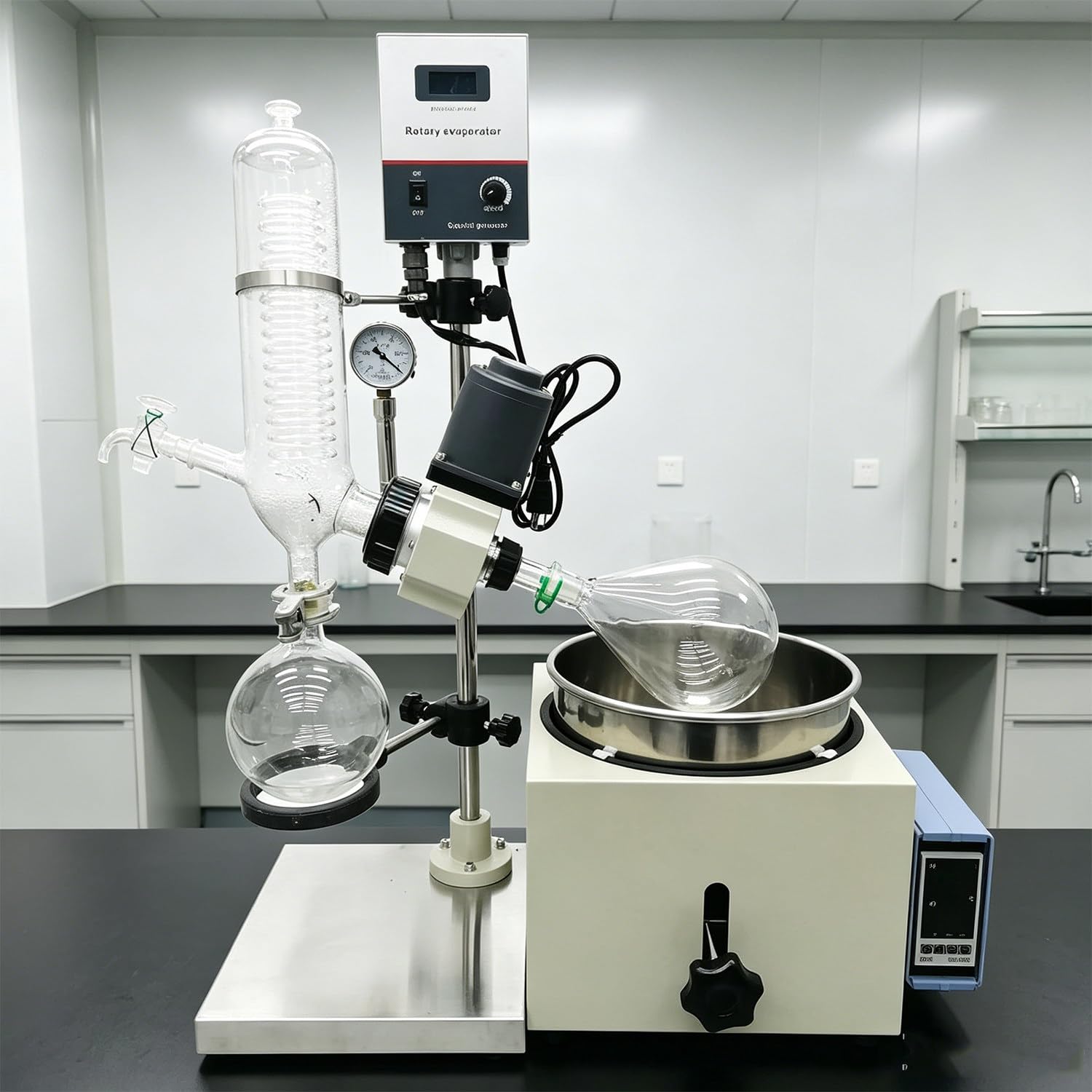 LXMydriasis 2L Vacuum Evaporator Digital Controller, Rotary Evaporator Rotavapor Device, with Cooling Chiller, Pump and Chiller, Manual Lift, 2L, Water Bath, 10-180rpm, for Solvent Removal 3L