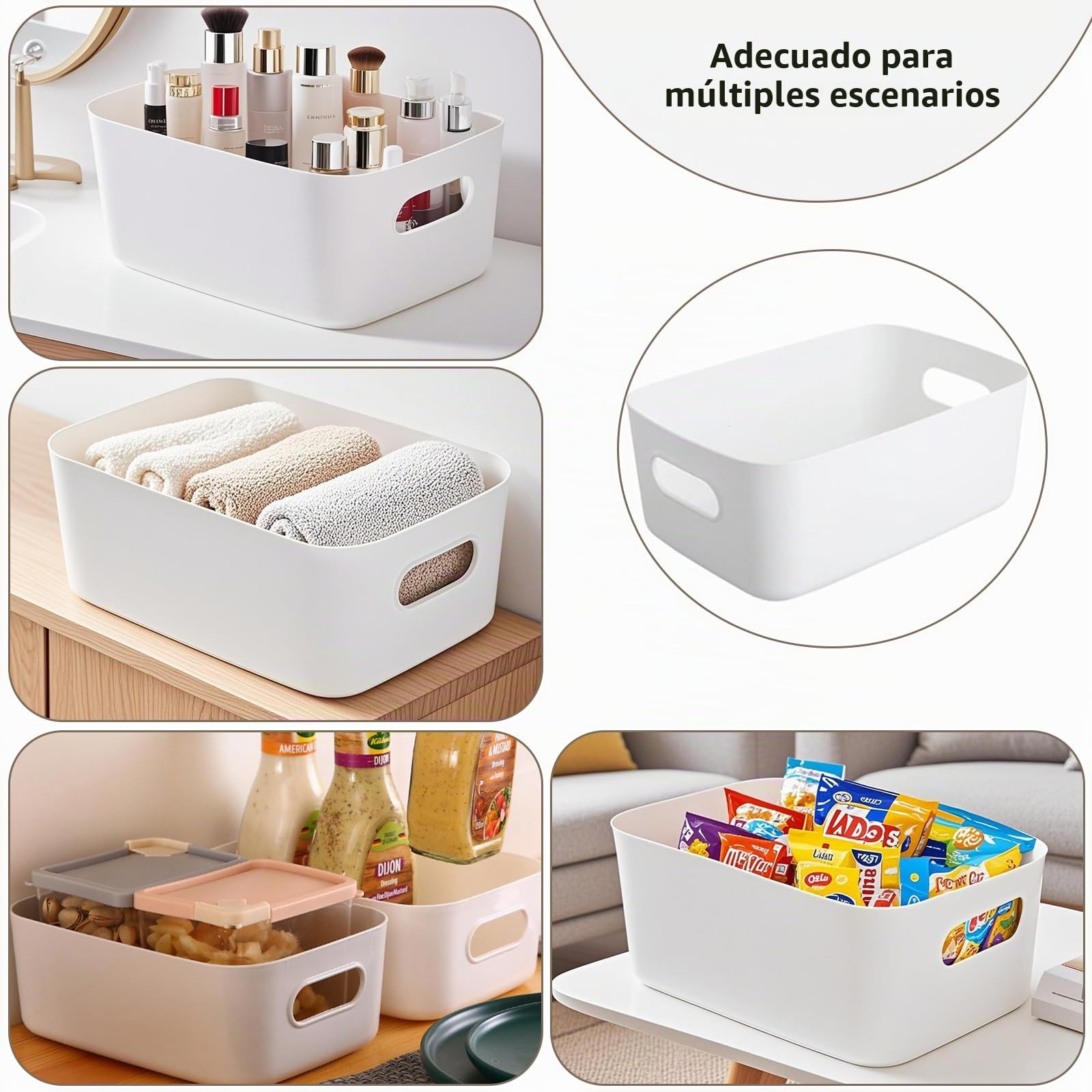 10 cajas de almacenamiento de plástico con asas, 24 x 17 x 10 cm, caja de plástico, para armario de cocina, baño, estantería de escritorio, cajas organizadoras (blanco)