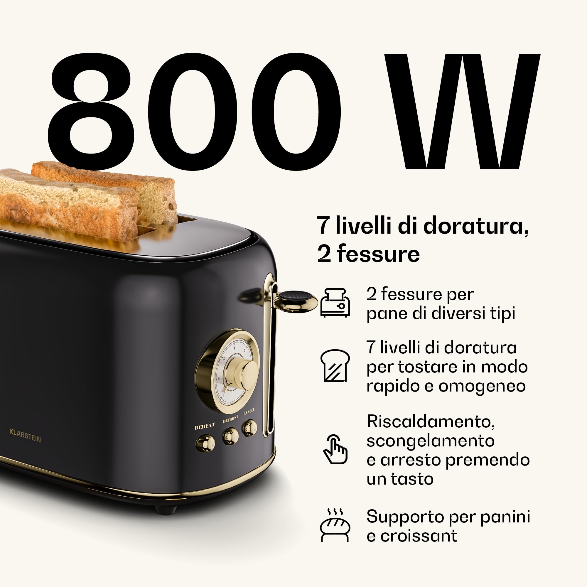 Klarstein Victoria Essential Set per la Colazione - Tostapane 2 Fette con 7 Livelli, Vassoio Raccogli Briciole, Supporto Panini, Bollitore Elettrico 1,7L con Filtro Anticalcare, Nero