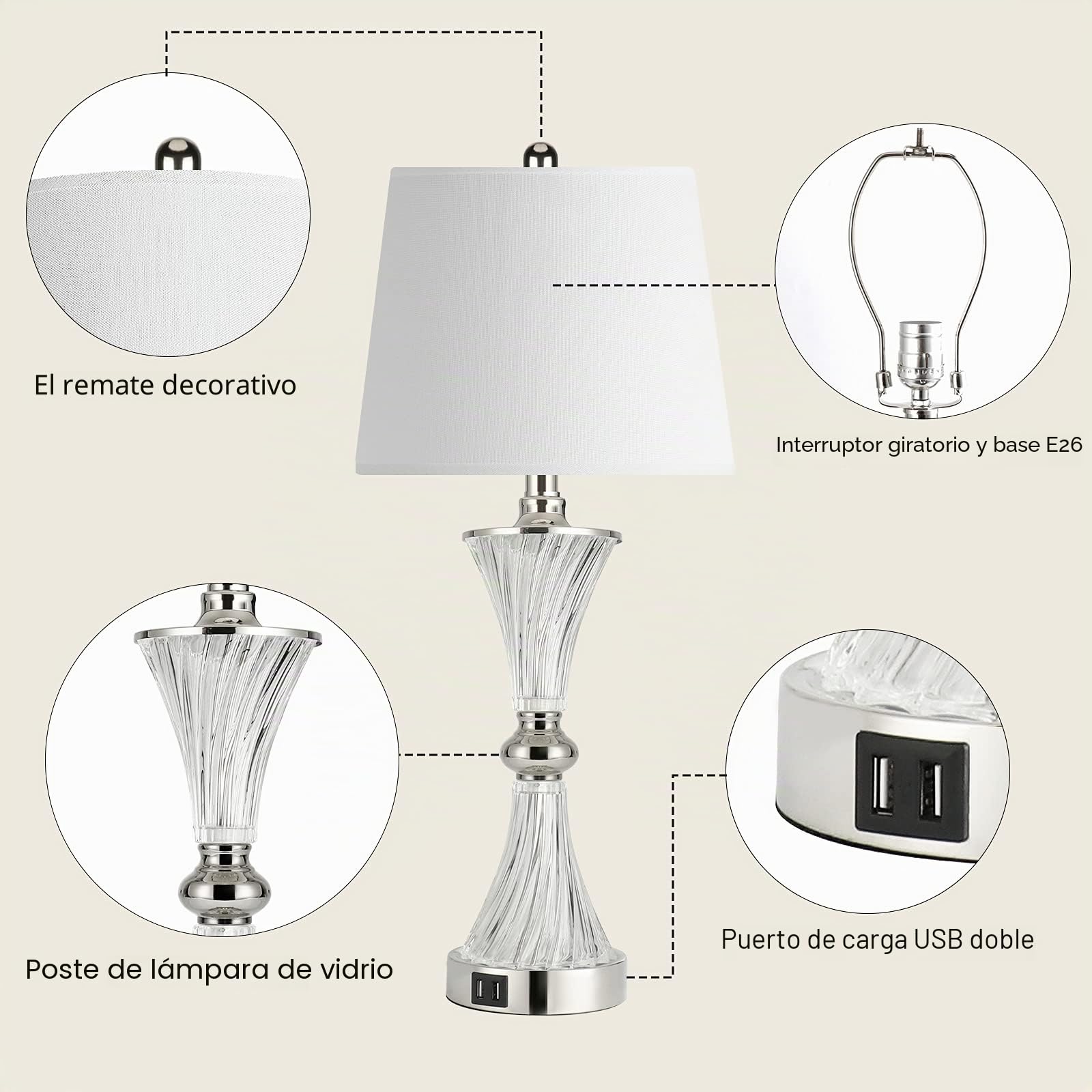Hamucd Lámpara de mesa de control táctil para dormitorios, 3 vías, regulable, pantalla de tambor blanca, moderna, mesita de noche, juego de 2 lámparas con 2 puertos de carga USB (bombillas incluidas)