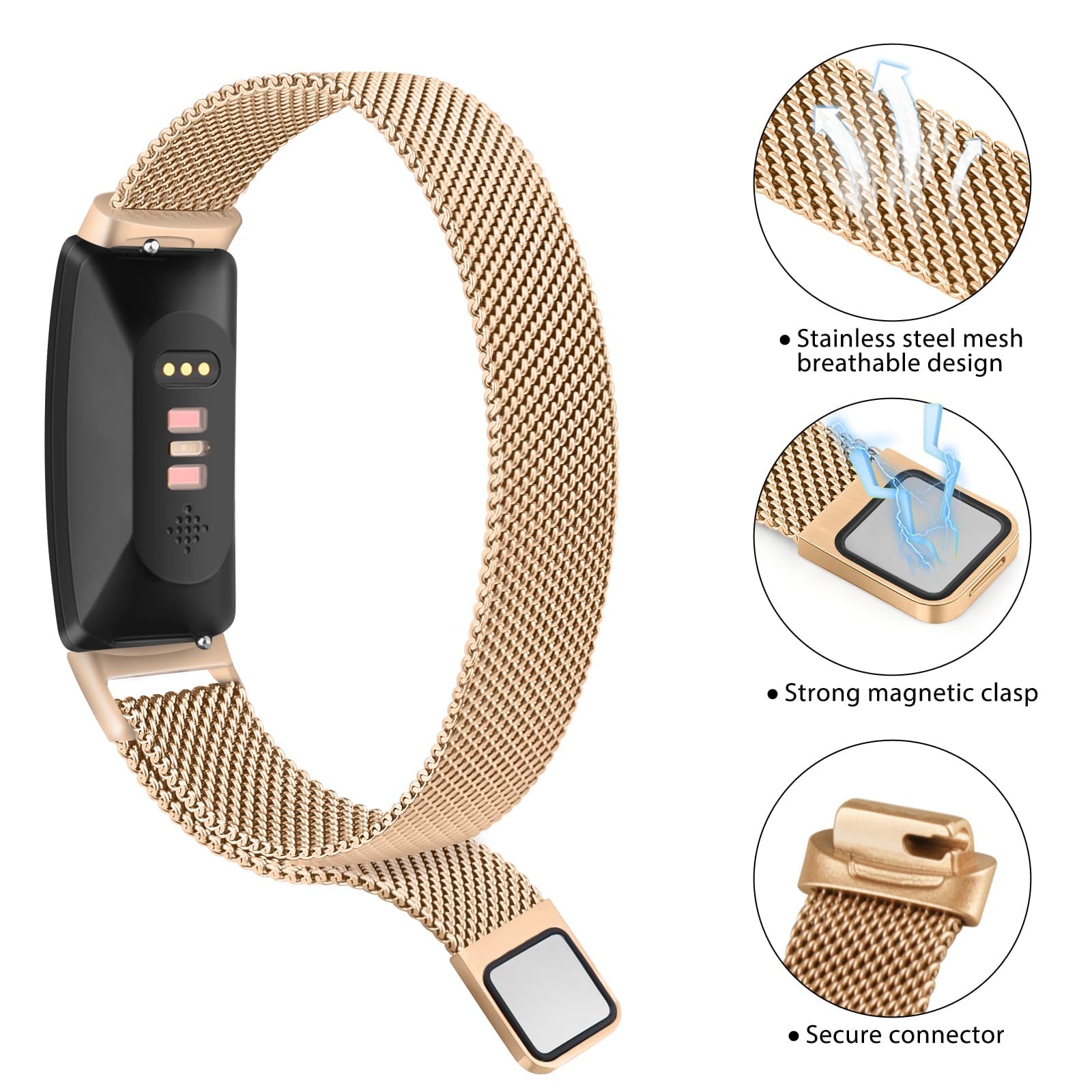 Stainless Steel Metal Replacement Bands for Fitbit Inspire 2/HR/Ace 2 Fitness Tracker - Women Men (Rose Gold) - Image 4