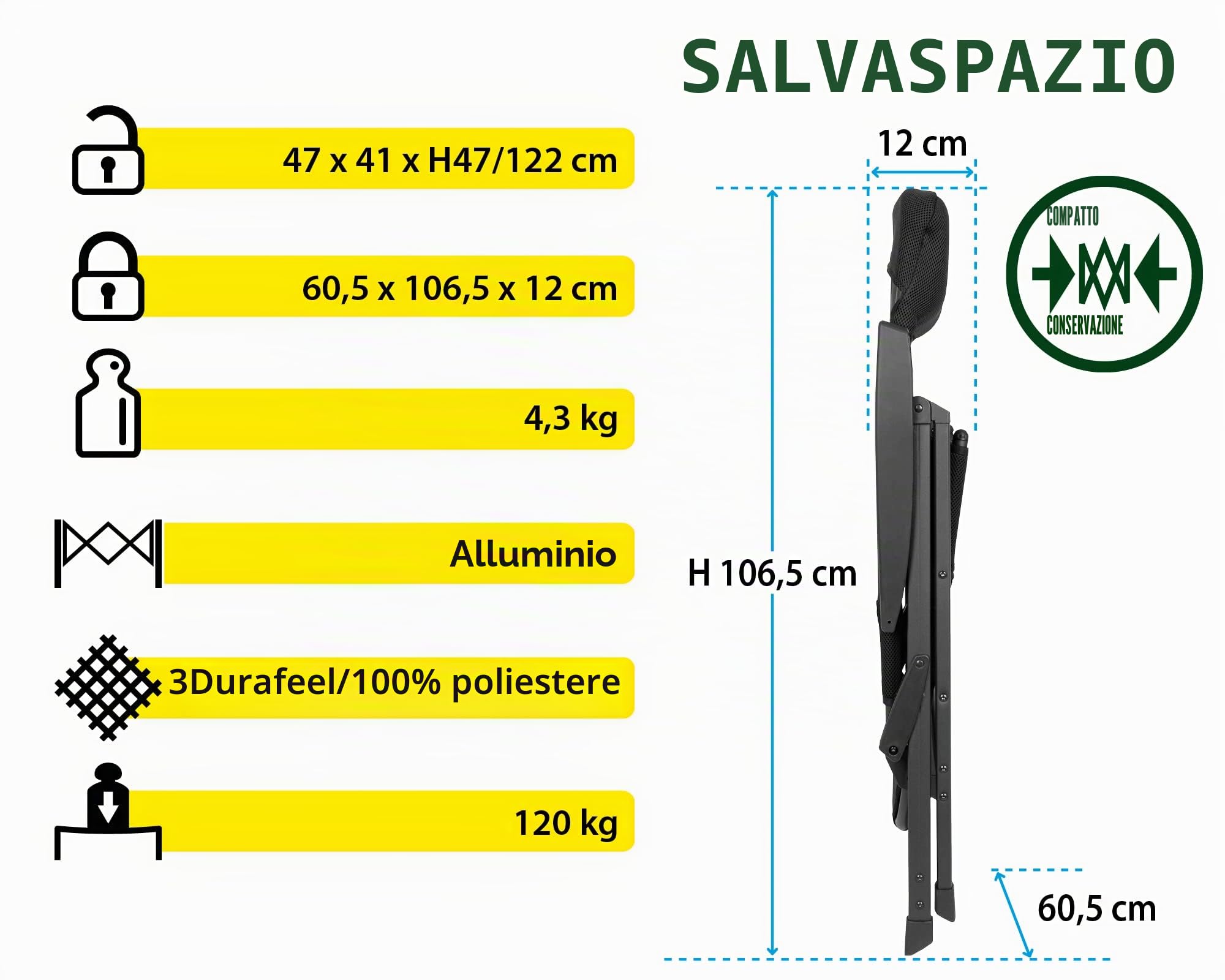 Brunner Sedia da Campeggio Skye 3D in Poliestere, Colore: Nero