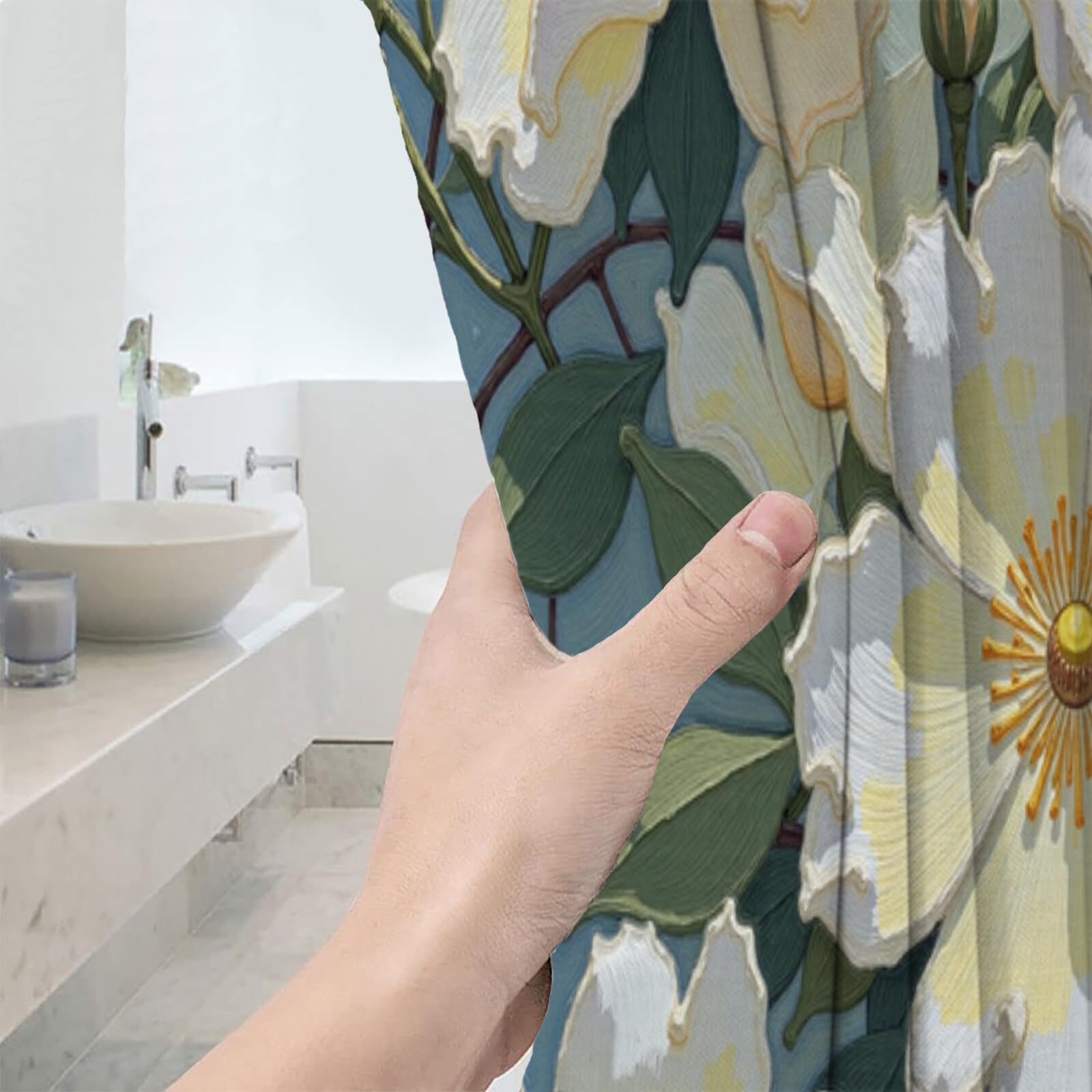 Rideau Douche,Rideau Baignoire Lavable en Machine Rideaux Douche Tissus Lavable Rideau De Baignoire Lavable pour Salle De Bain Domicile Baignoire Famille,Roses Feuilles Vertes,