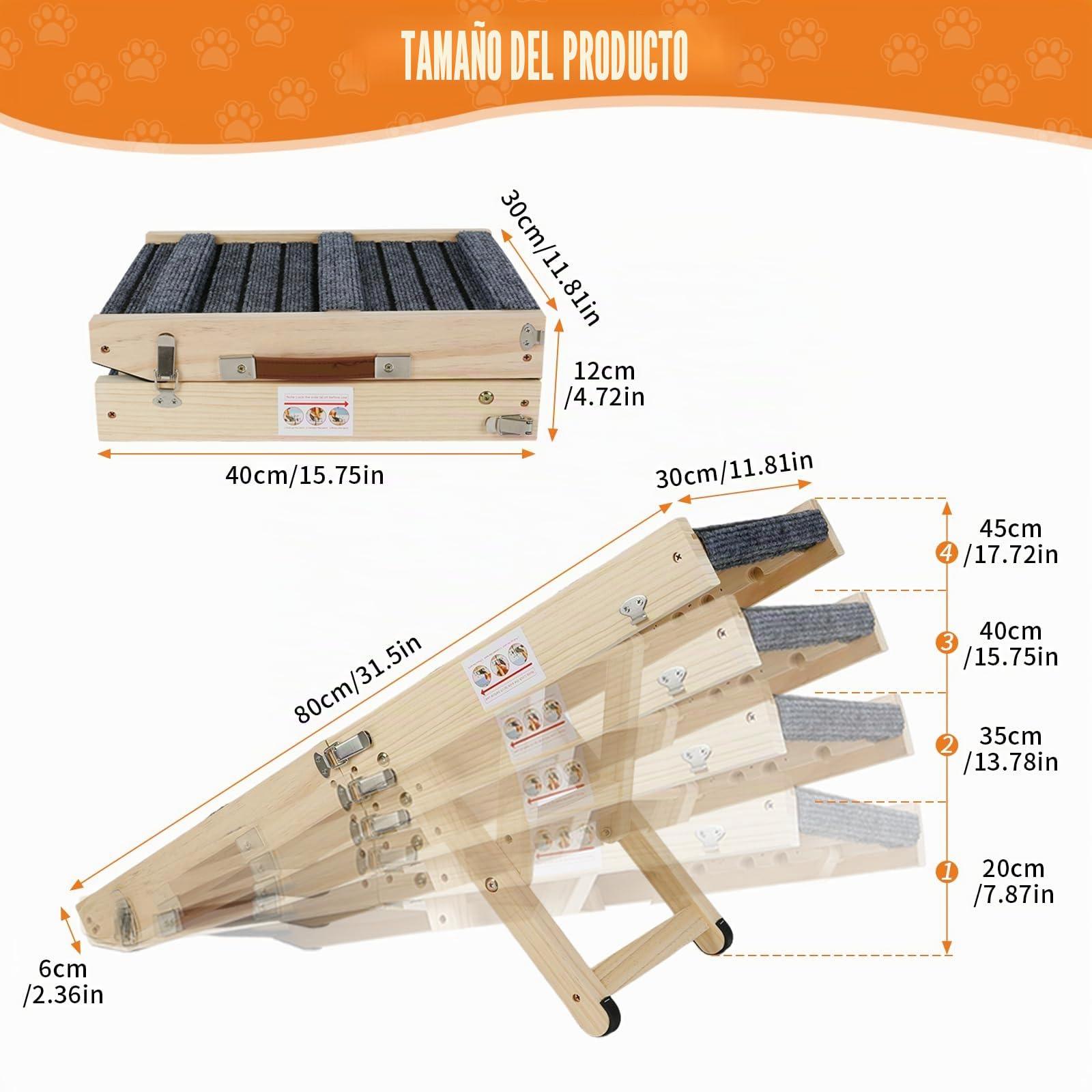 Rampa para perros, escalera de madera para perros pequeños y ancianos, ajustable 20-45 cm, con alfombrilla tritt antideslizante, rampa para mascotas, plegable, portátil, para cama o sofá/coche