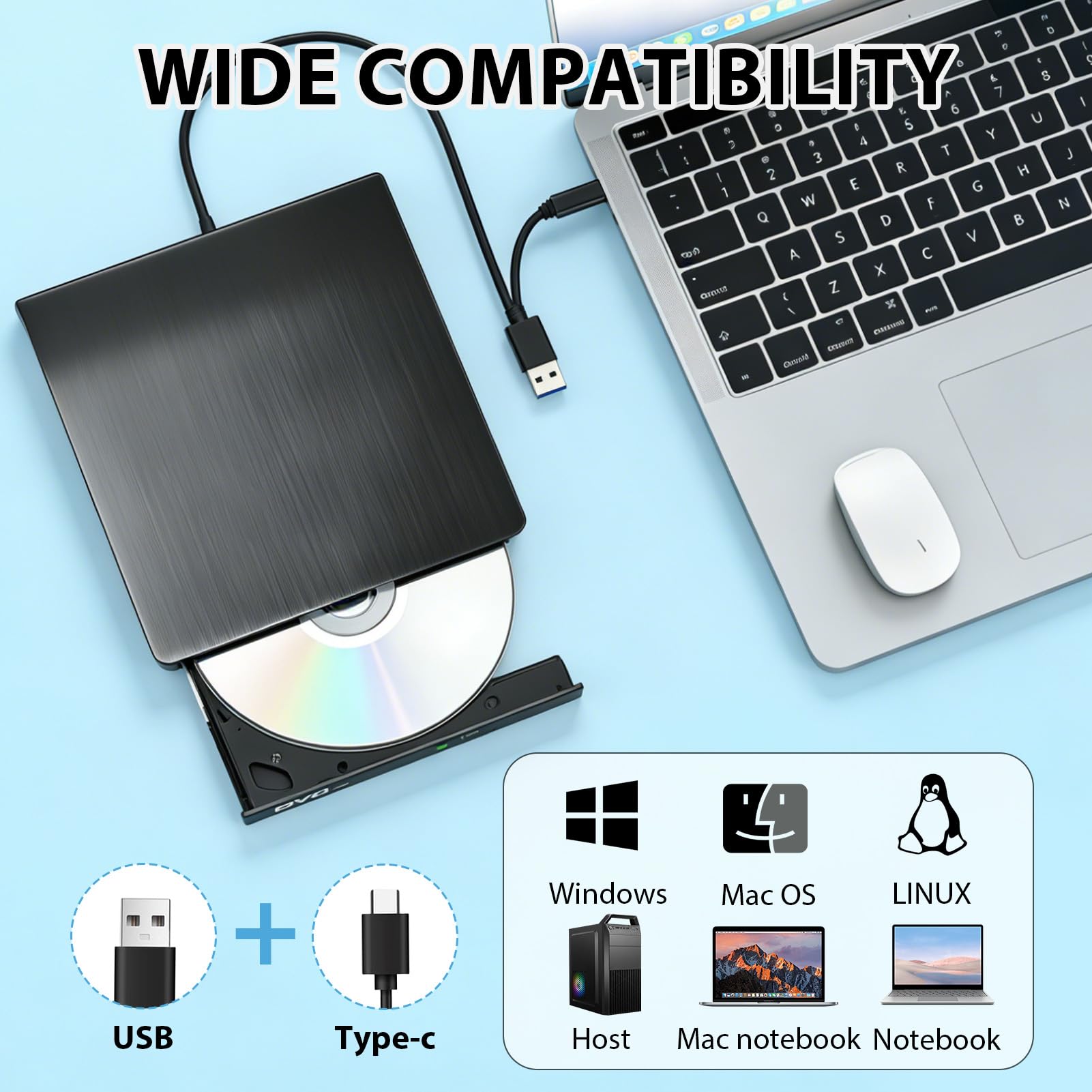 Aivane Grabadora CD/DVD Externa USB 3.0 y Type-C, Ultra-Slim CD/DVD +/-RW Drive Porttil Burner Lector DVD Externo para Windows 11/10/8/7/XP/Vista Linux MacOS Laptop Desktops — view 5