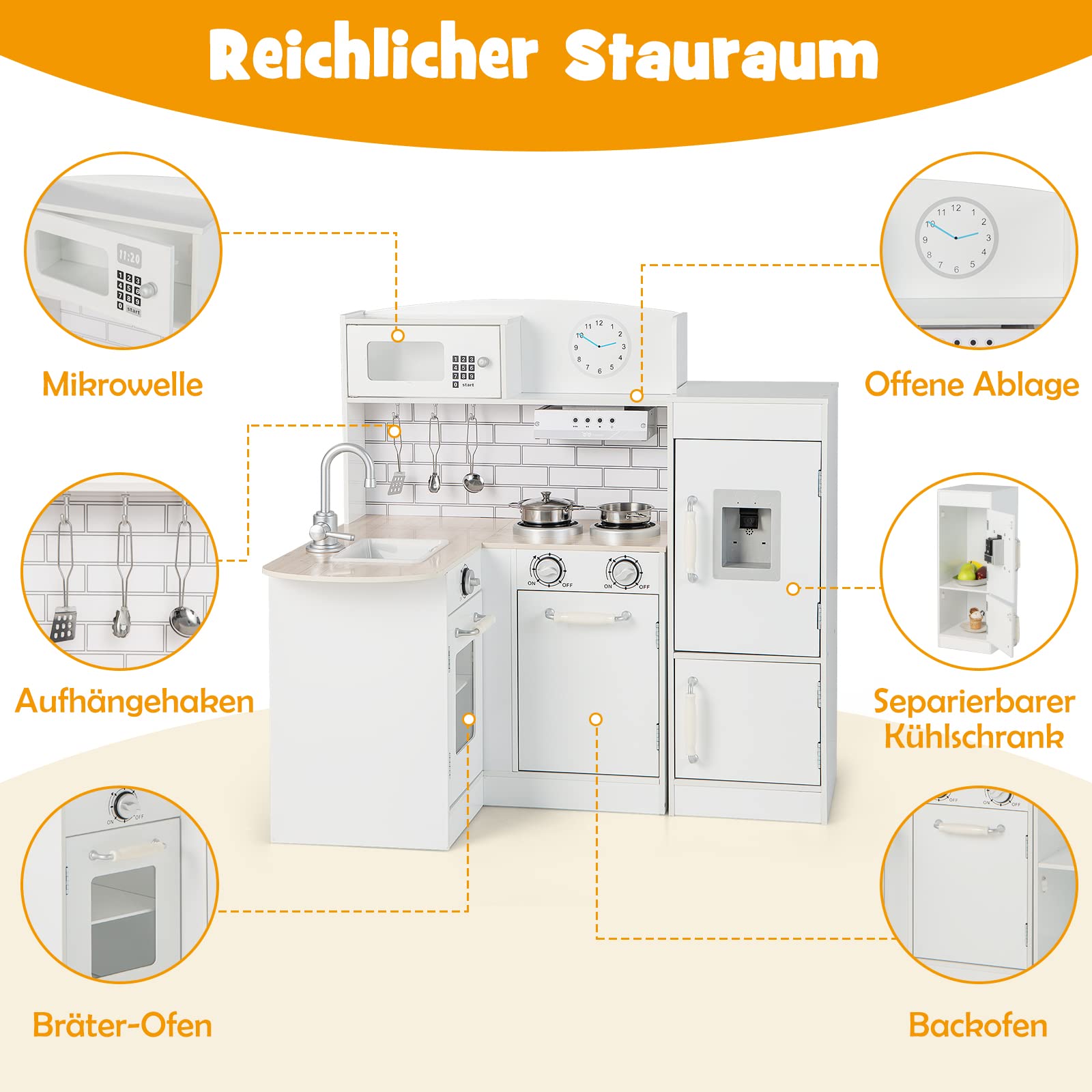 DREAMADE Kinderküche aus Holz, Kinder Küche Eckküche mit Waschbecken Herd Backoffen Kühlschrank, Holzküche, Spielküche mit Spielzubehör für Kinder ab 3 Jahren