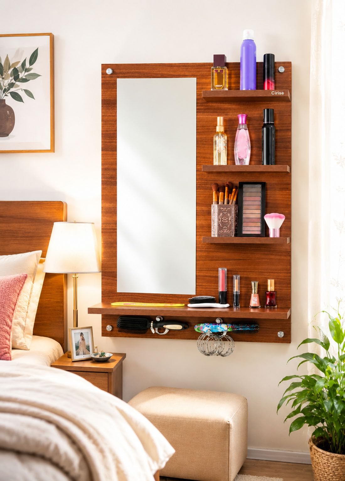 Cirise Wall Mounted Dressing Mirror with 4 Storage Shelves Classic Walnut | 60x80cm Hooks Accessories Solid Wooden Space Saving Design Makeup Organiser Home Decorative Traditional Living Room Bedroom-image-11