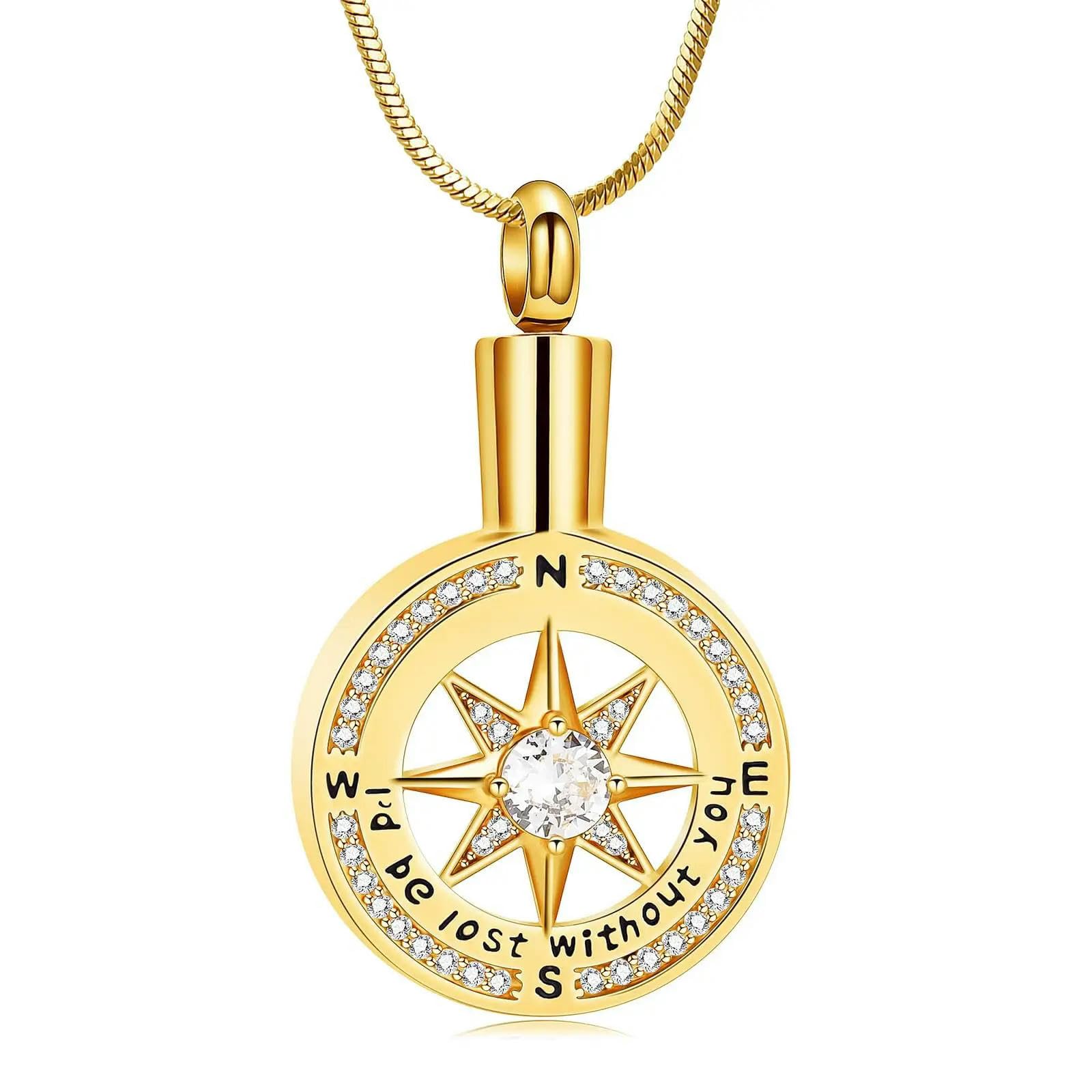 ADENLA Compass Urn Necklace for Ashes Memorial Cremation Jewelry for Human Pet Ashes Bereavement Keepsake Pendant Locket-Gold