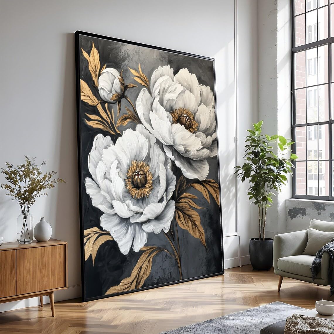 Toile de pivoines blanches pour illuminer un mur sombre sans cadre - 8