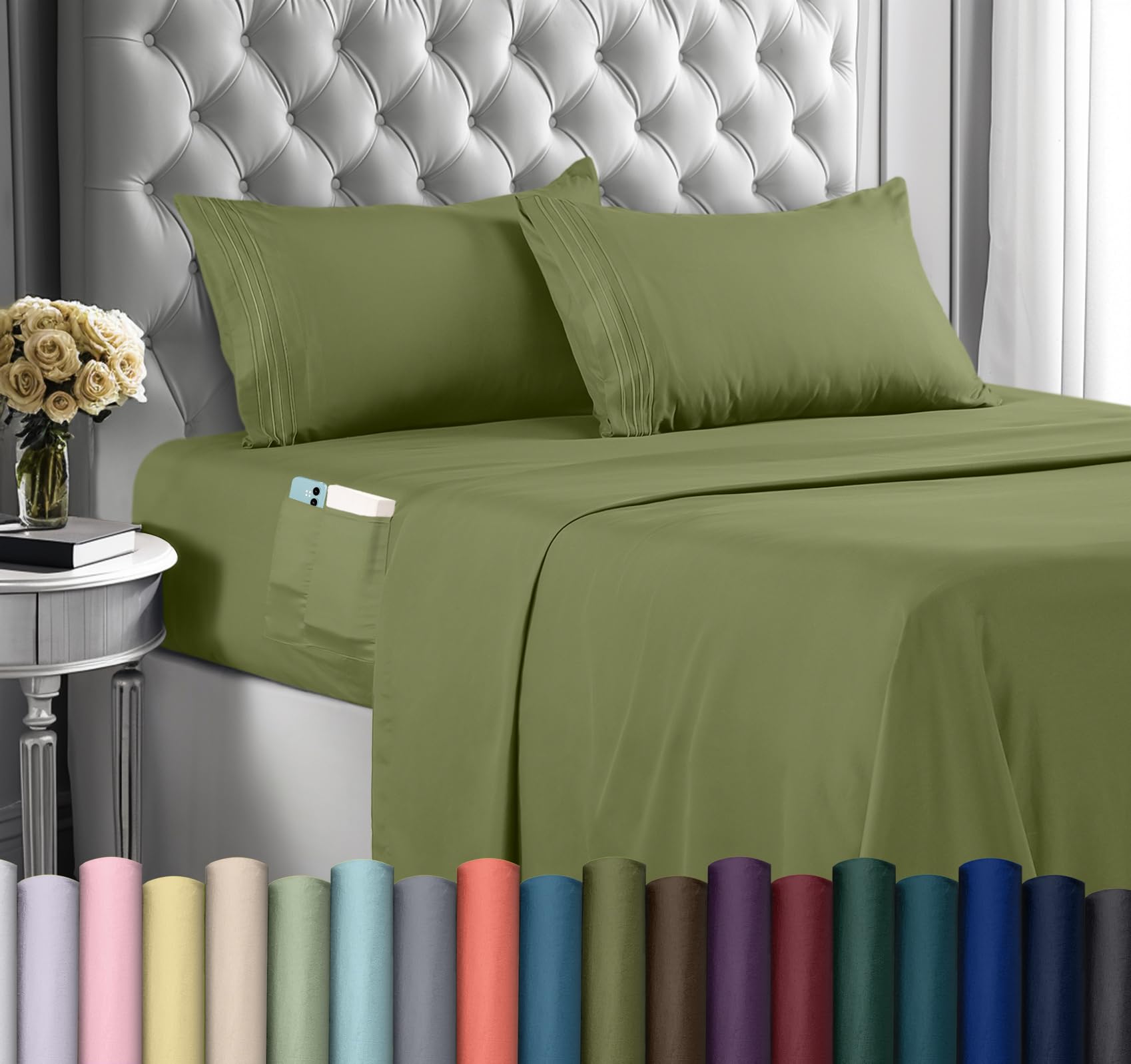 Utopia Bedding Pack of 10 Queen Sheet Set – Soft Microfiber 3 Piece Hotel Luxury Bed Sheets with Deep Pockets - Pillow Case - Side Storage Pocket Fitted Sheet - Flat Sheet (Olive)