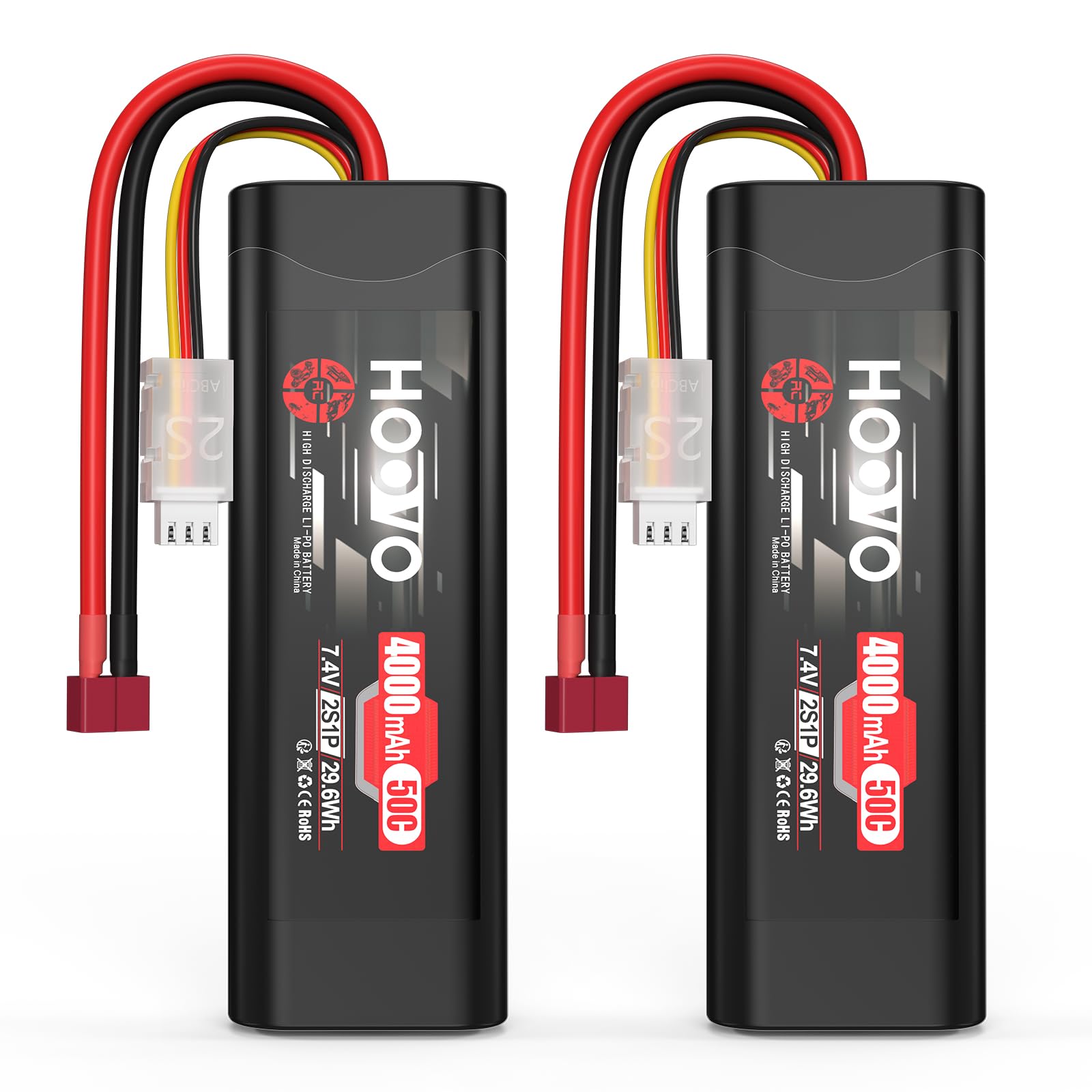 HOOVO 2S RC Battery 7.4V 50C 4000mAh LiPo Battery with T Plug Batteries for RC Car Truck Boat Hobby Quadcopter Hobby Truggy Racing Driving (2 Pack)