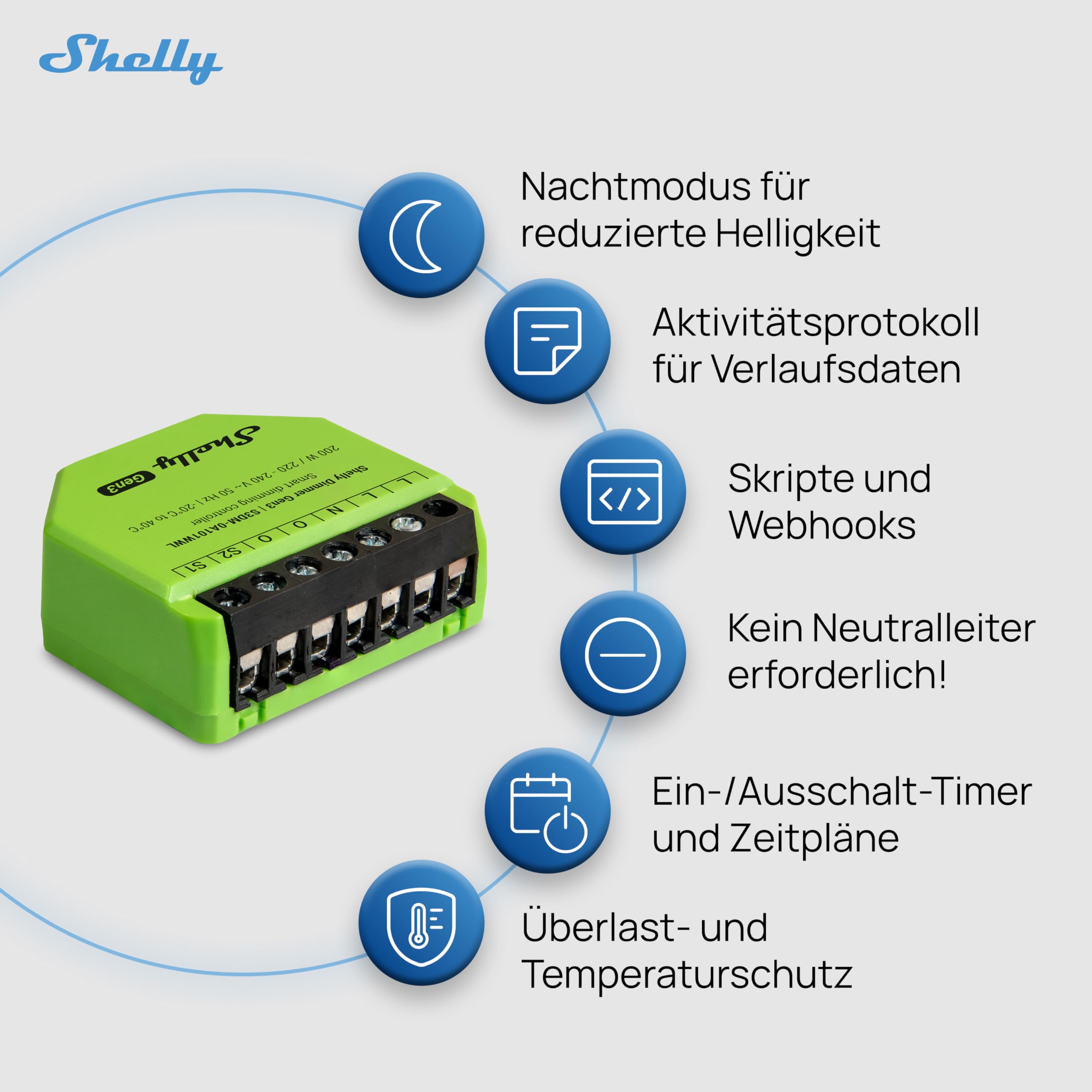 Shelly Dimmer Gen3 - WLAN Smart Dimmer, Hausautomation, Dimmbare Lichter, LED-Streifen, Kein Neutralleiter Еrforderlich, Smarte Zeitpläne, Kein Hub Еrforderlich, iOS & Android, Alexa & Google