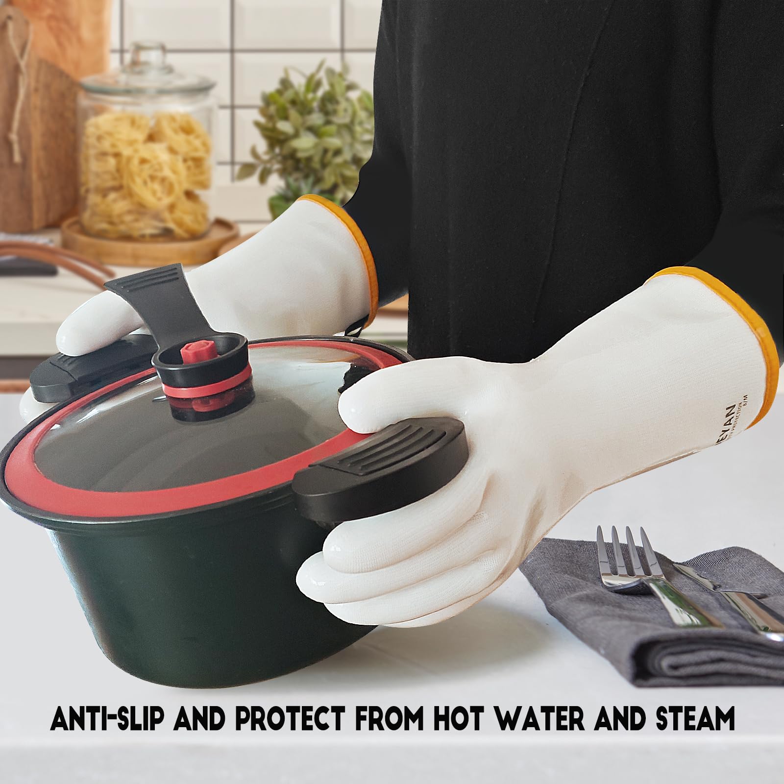 DEYAN Guantes de silicona para barbacoa y horno, grado alimenticio, resistentes al calor, impermeables y a prueba de aceite, para asar, hornear, freír, cocinar, manga larga y agarre antideslizante, 1