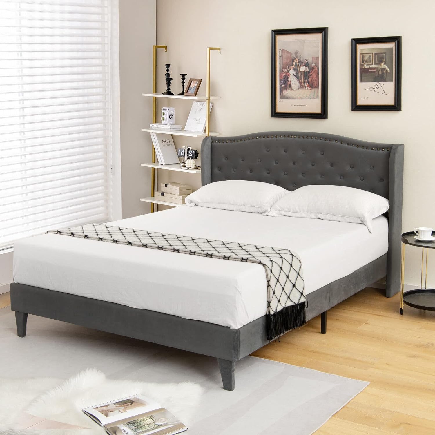 GORELAX Upholstered Full Bed Frame, Low Velvet Mattress