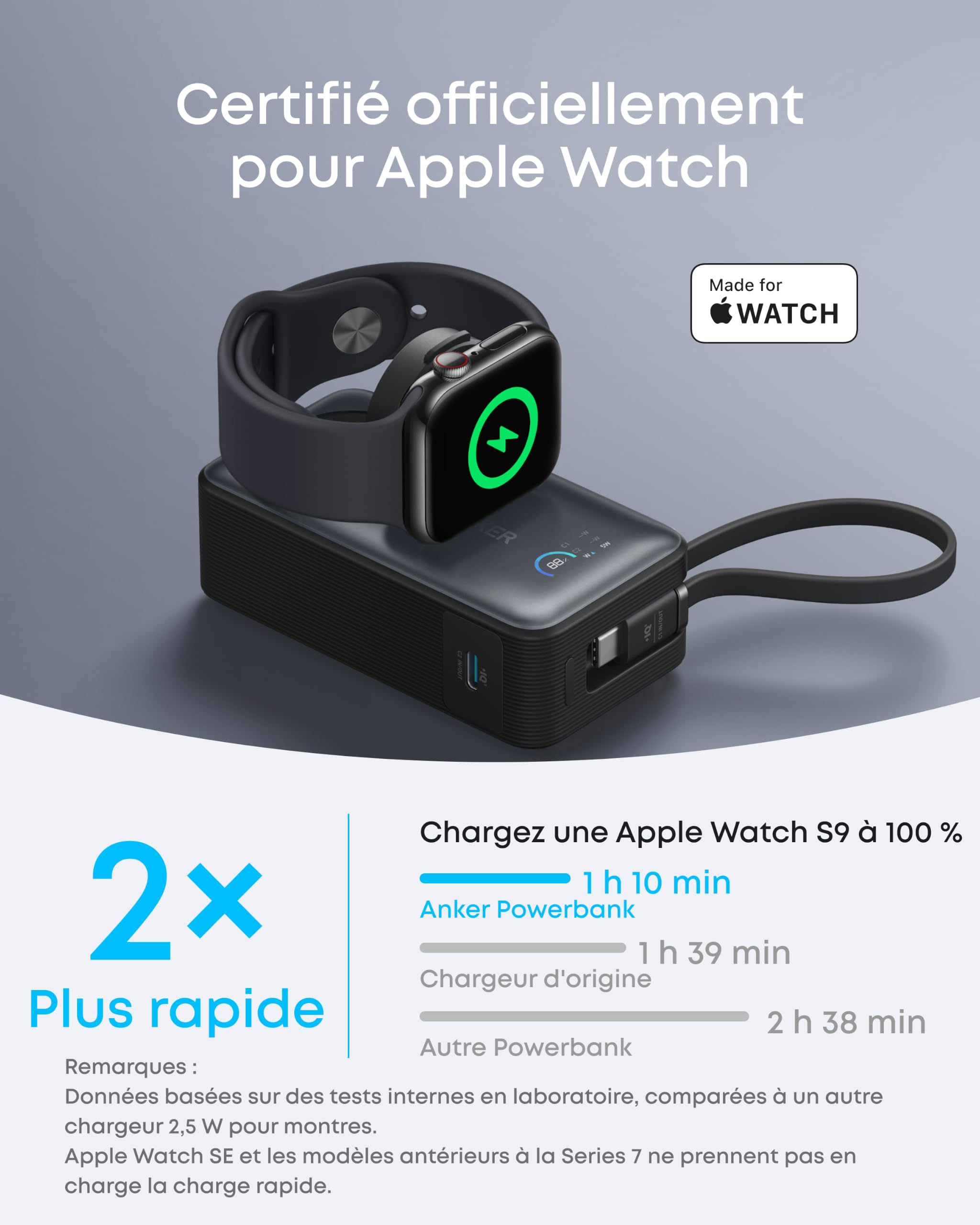 Anker Batterie Externe Magnétique 10000 mAh PD 35W et Câble USB C Intégré | Charge Rapide pour Apple Watch, iPhone 17 Pro Max/17/15/14/13, Samsung, iPad, AirPods et Autres (Noir)