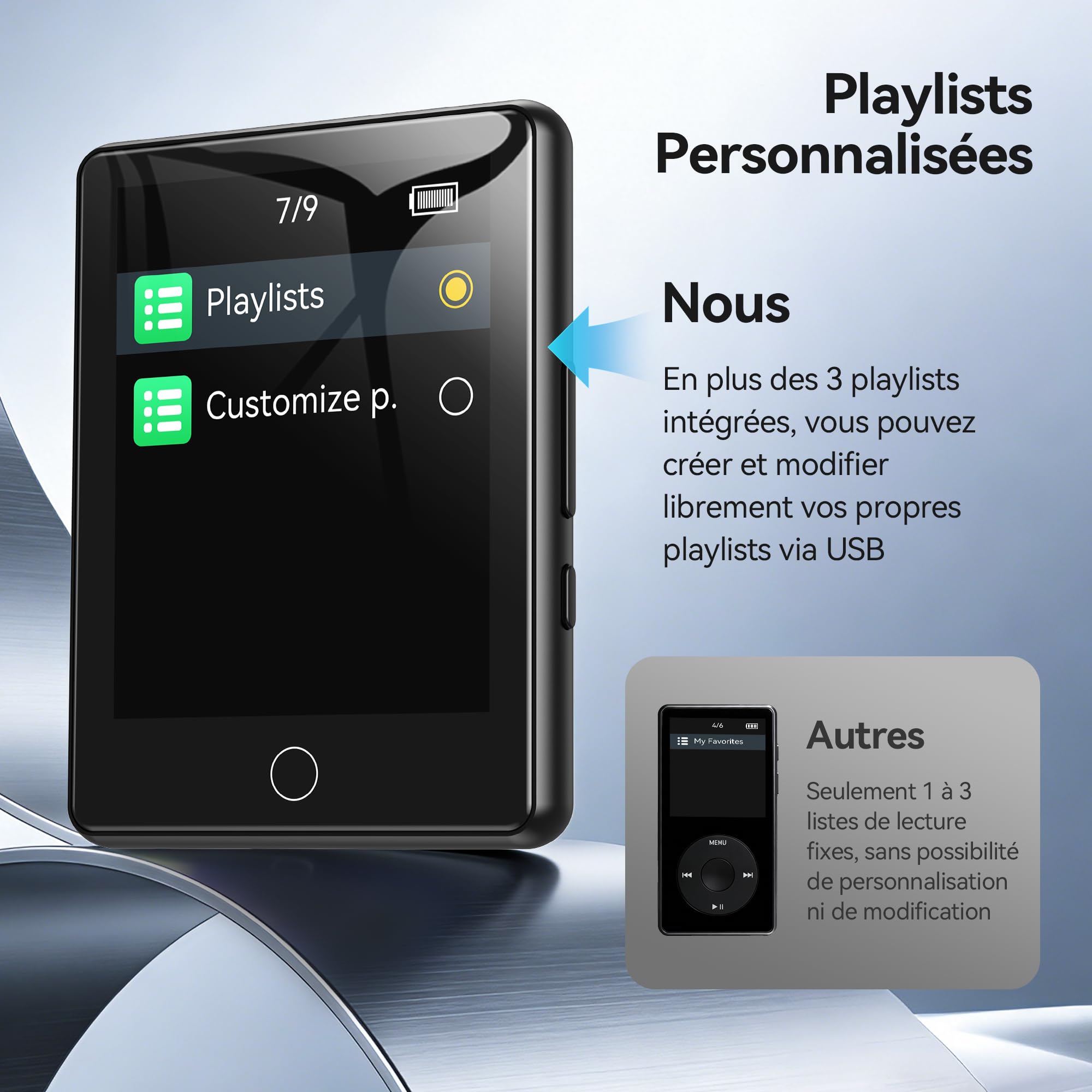AGPTEK Lecteur MP3 Bluetooth 5.3 64Go, Baladeur Numérique 2.8" Écran Tactile HiFi Sport avec Haut-Parleur Radio FM Enregistreur