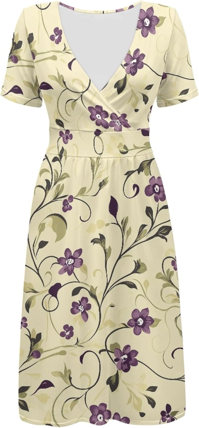 Easter Dress for Women 2025 Floral Print Short Sleeve V Neck A Line Empire Waist Casual Fashion Mini Dress - Image 3