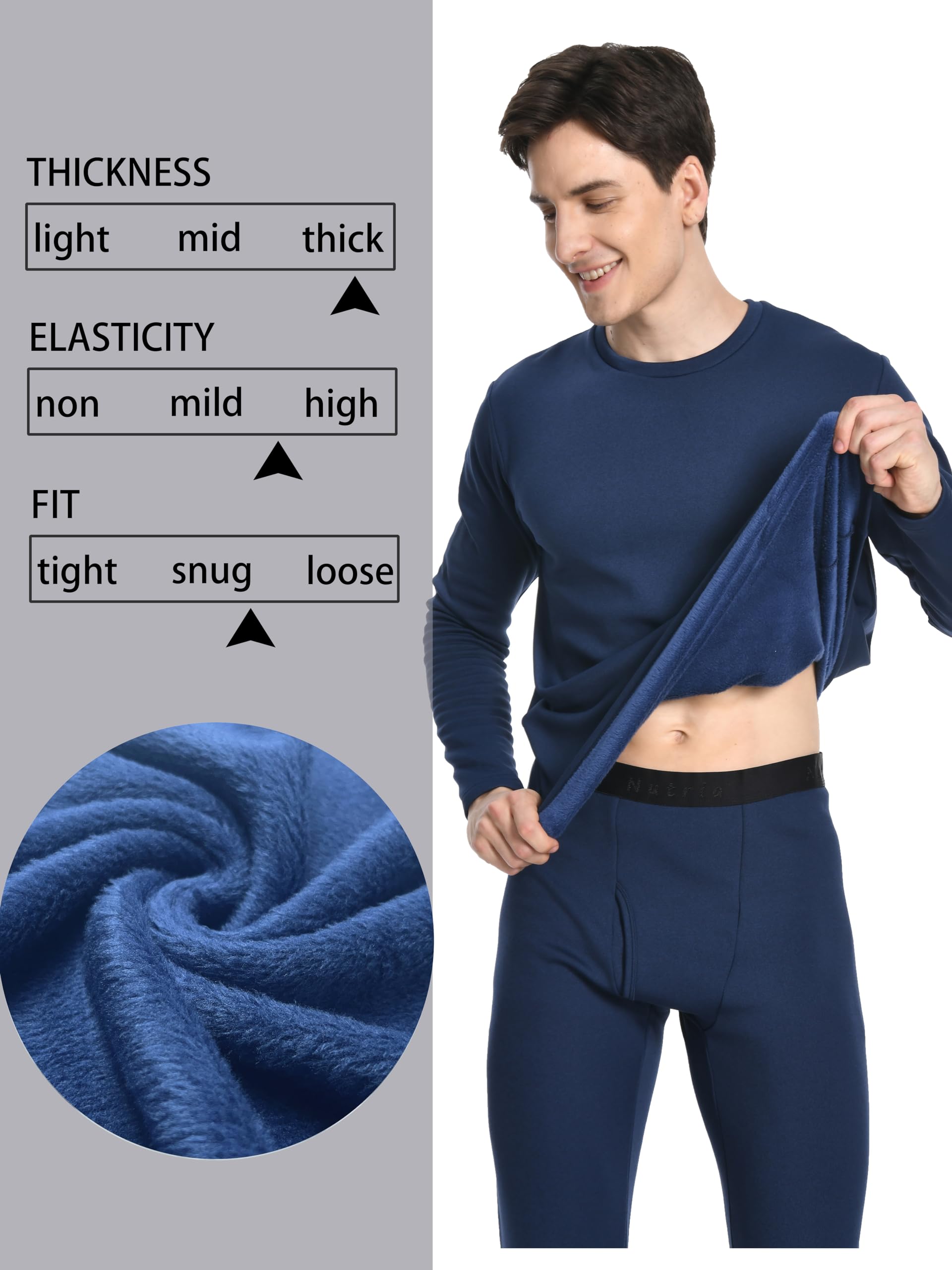 Nutria Mens Heavyweight Thermal Underwear Set Thick Fleece Lined Long Johns Extreme Cold Winter Base Layer Top and Bottom U08 Blue