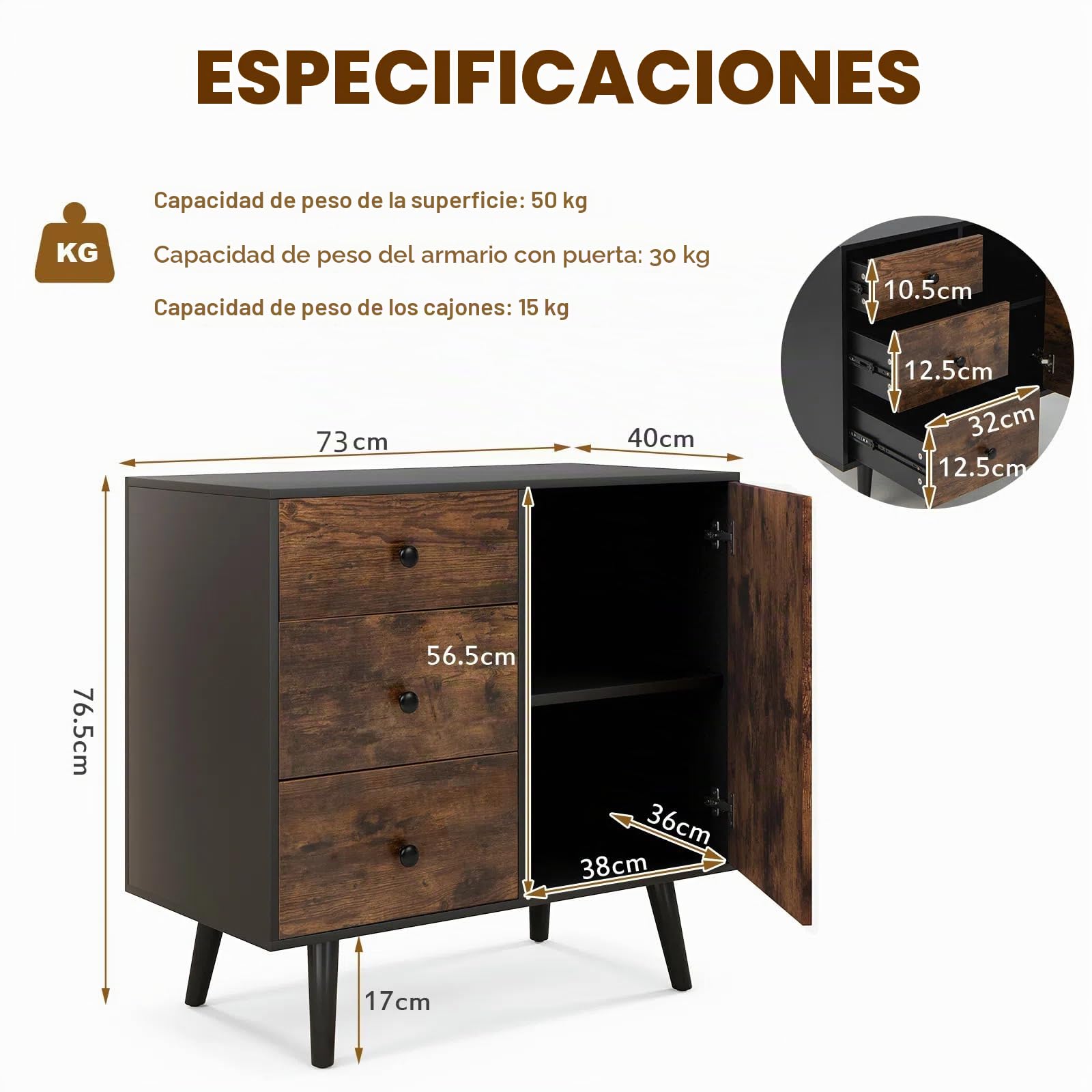 KOMFOTTEU Aparador de Cocina Estilo Industrial con 3 cajones y 2 armarios