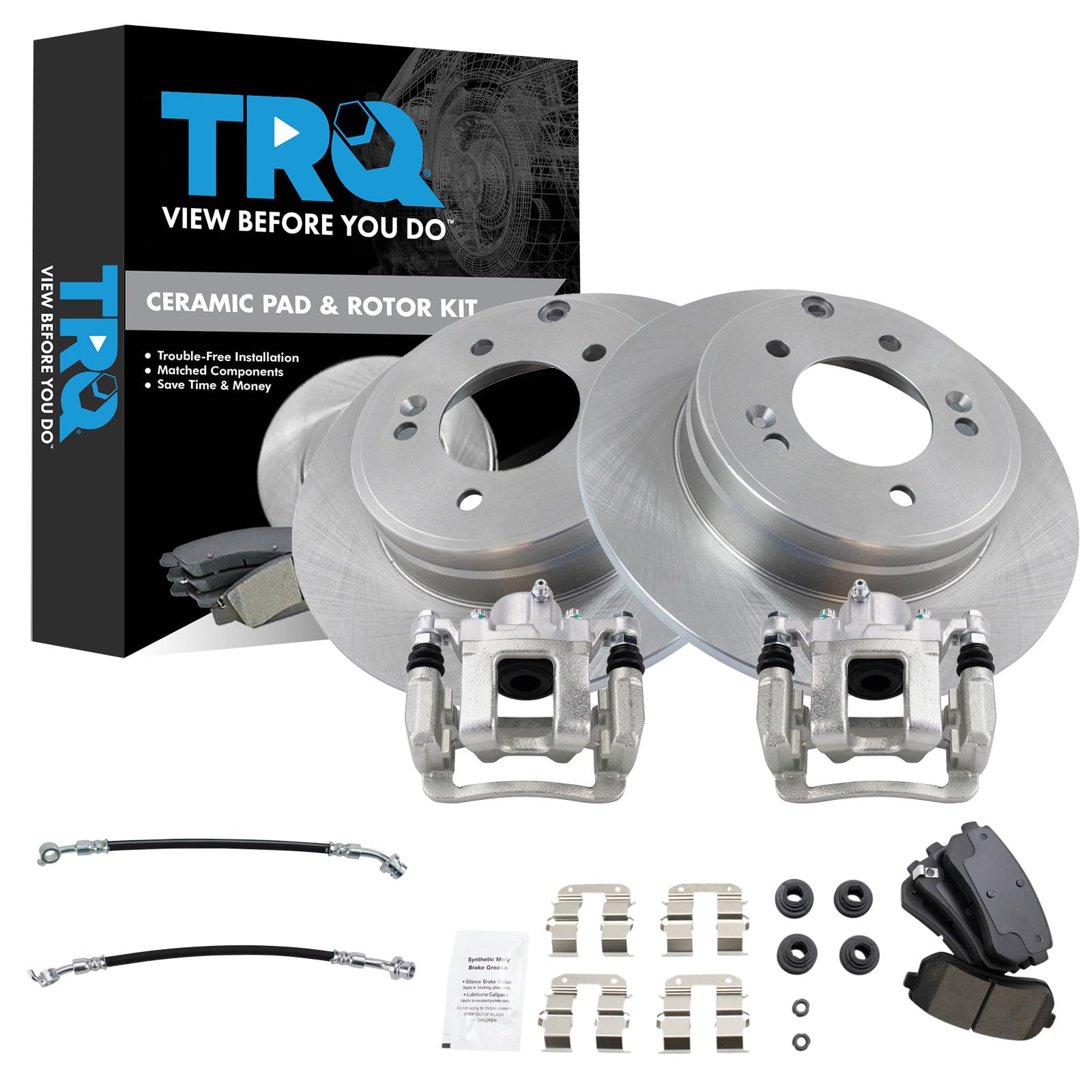 TRQ Rear Brake Pad and Rotor Set Ceramic Calipers Compatible with 2015 Hyundai Sonata with Manual Parking Brake
